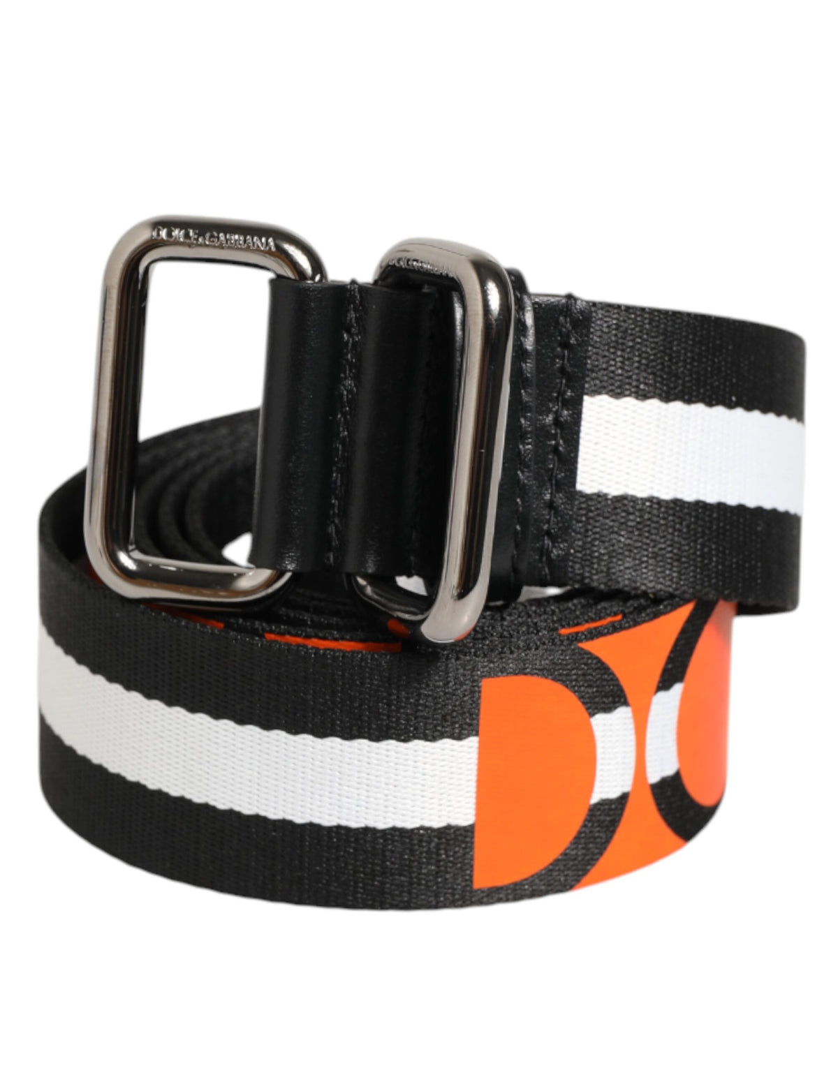Dolce & Gabbana Black White Striped Logo Metal Buckle Men's Belt
