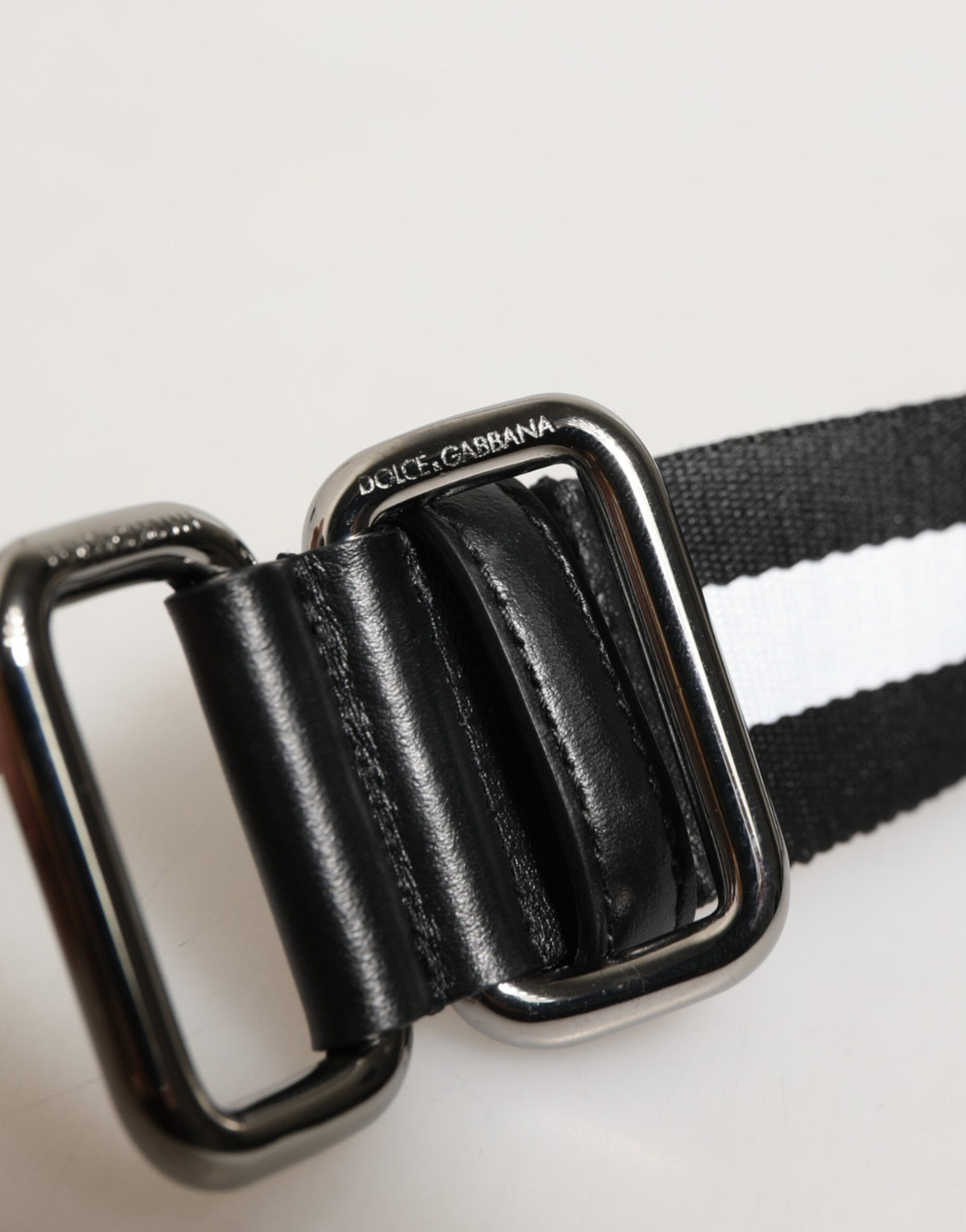 Dolce & Gabbana Black White Striped Logo Metal Buckle Men's Belt