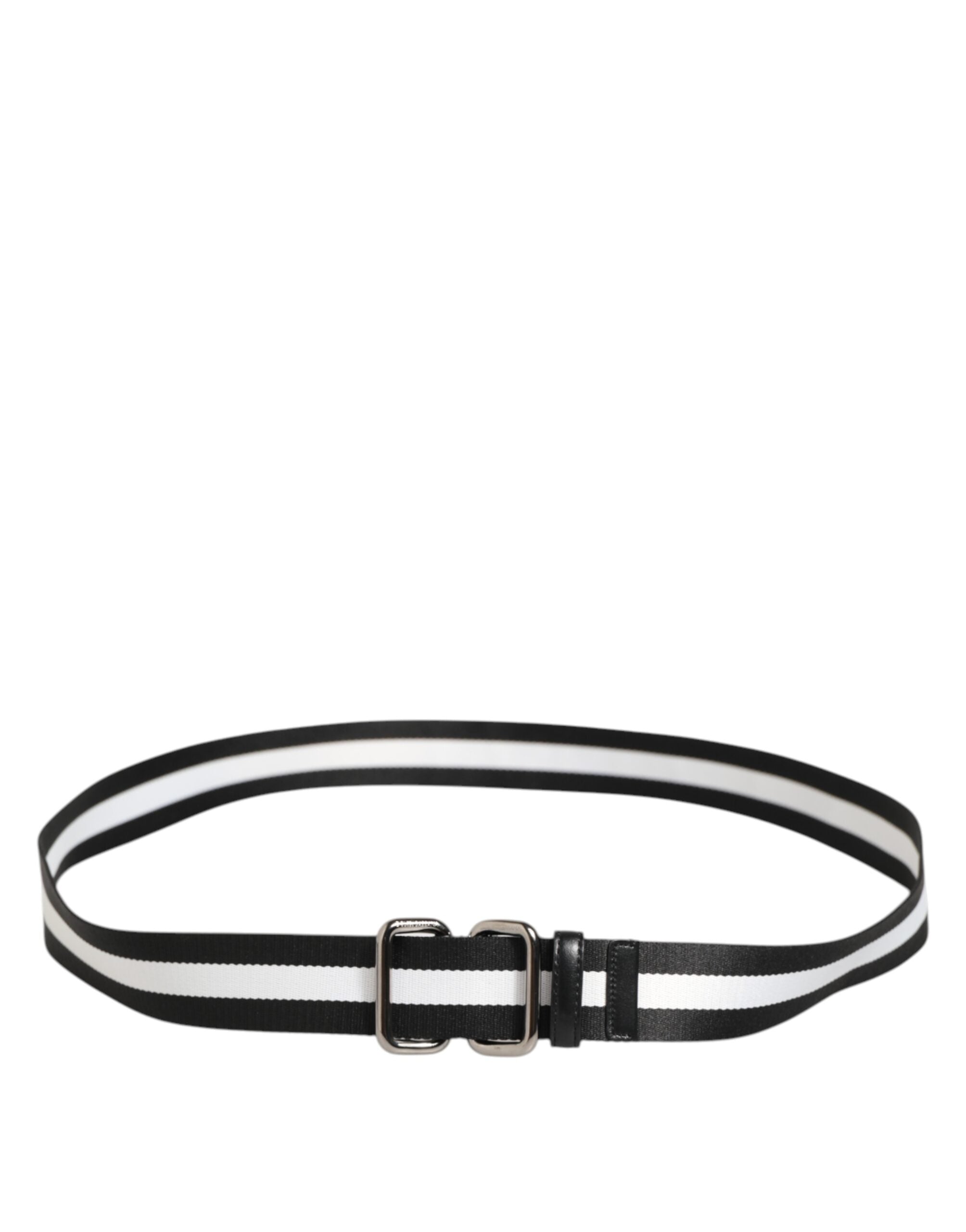Dolce & Gabbana Black White Striped Logo Metal Buckle Men's Belt