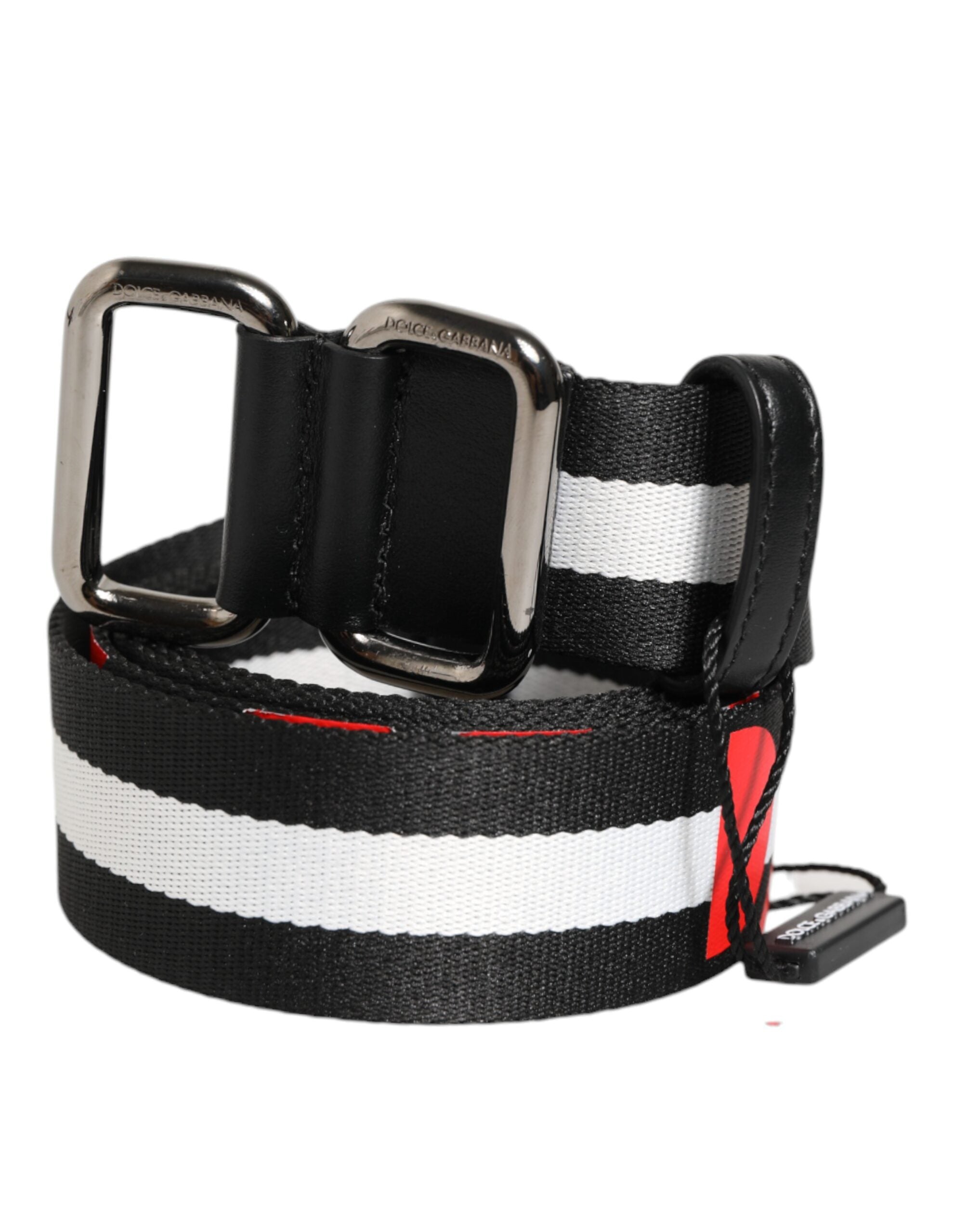 Dolce & Gabbana Black White Striped Logo Metal Buckle Men's Belt