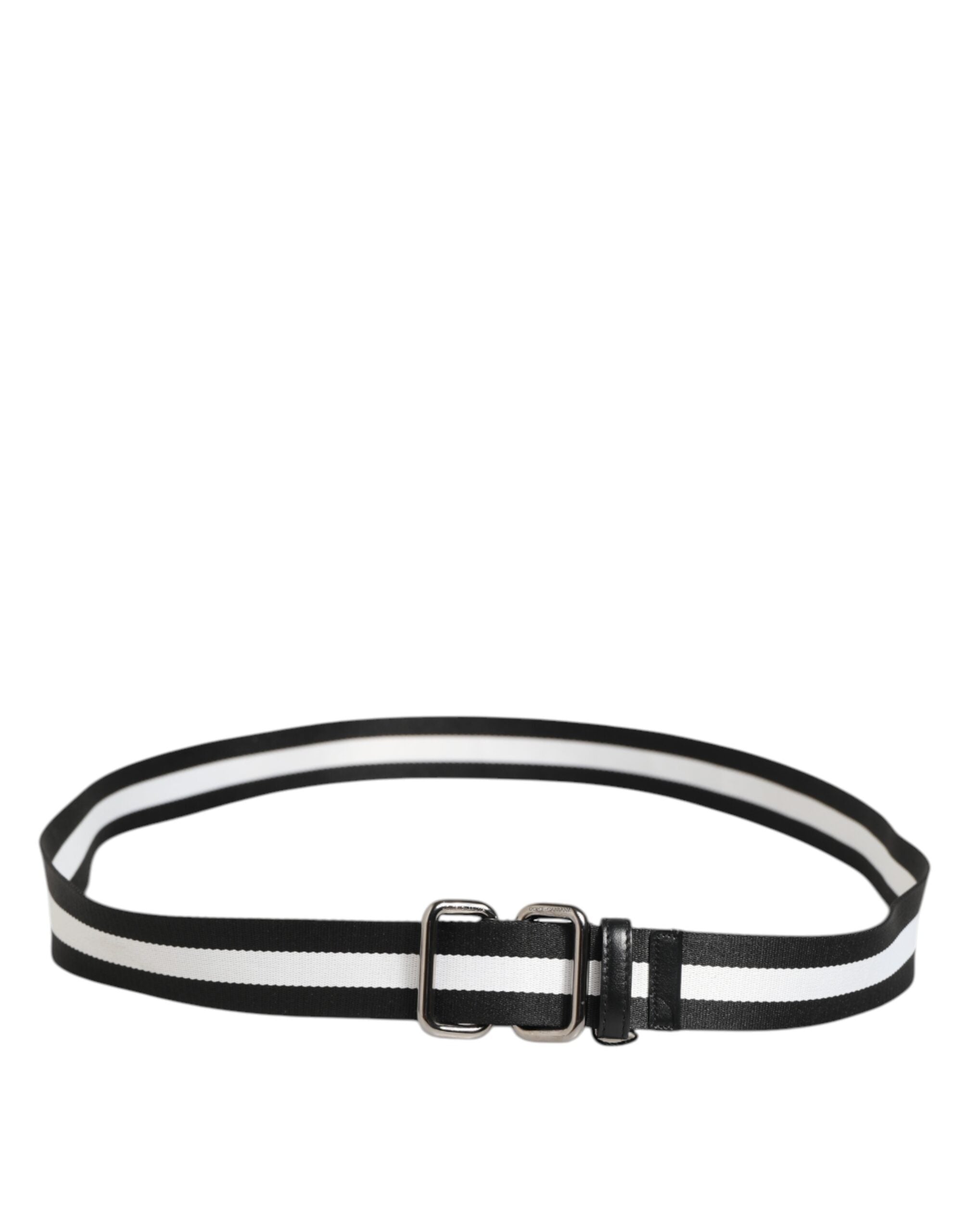 Dolce & Gabbana Black White Striped Logo Metal Buckle Men's Belt