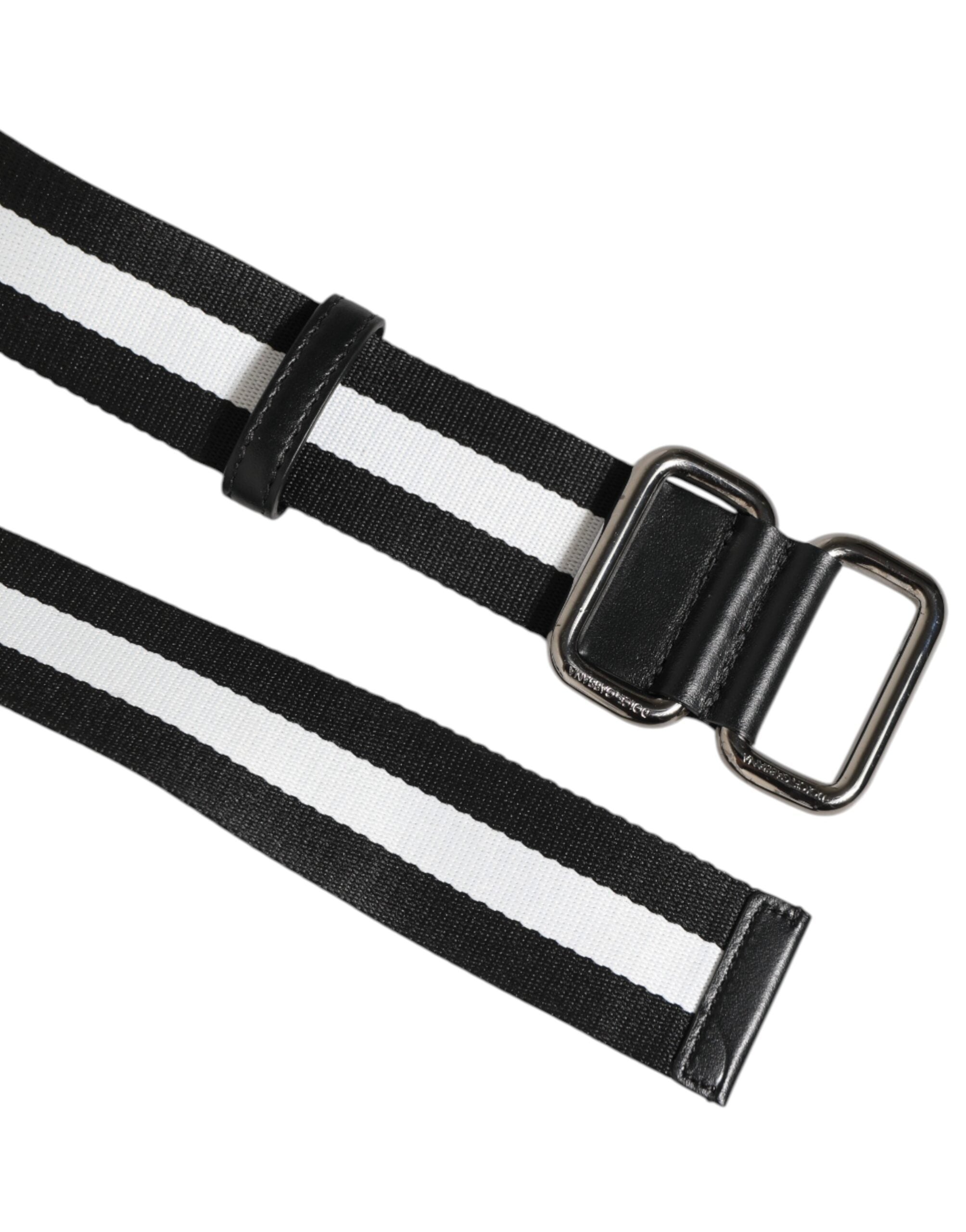 Dolce & Gabbana Black White Striped Logo Metal Buckle Men's Belt