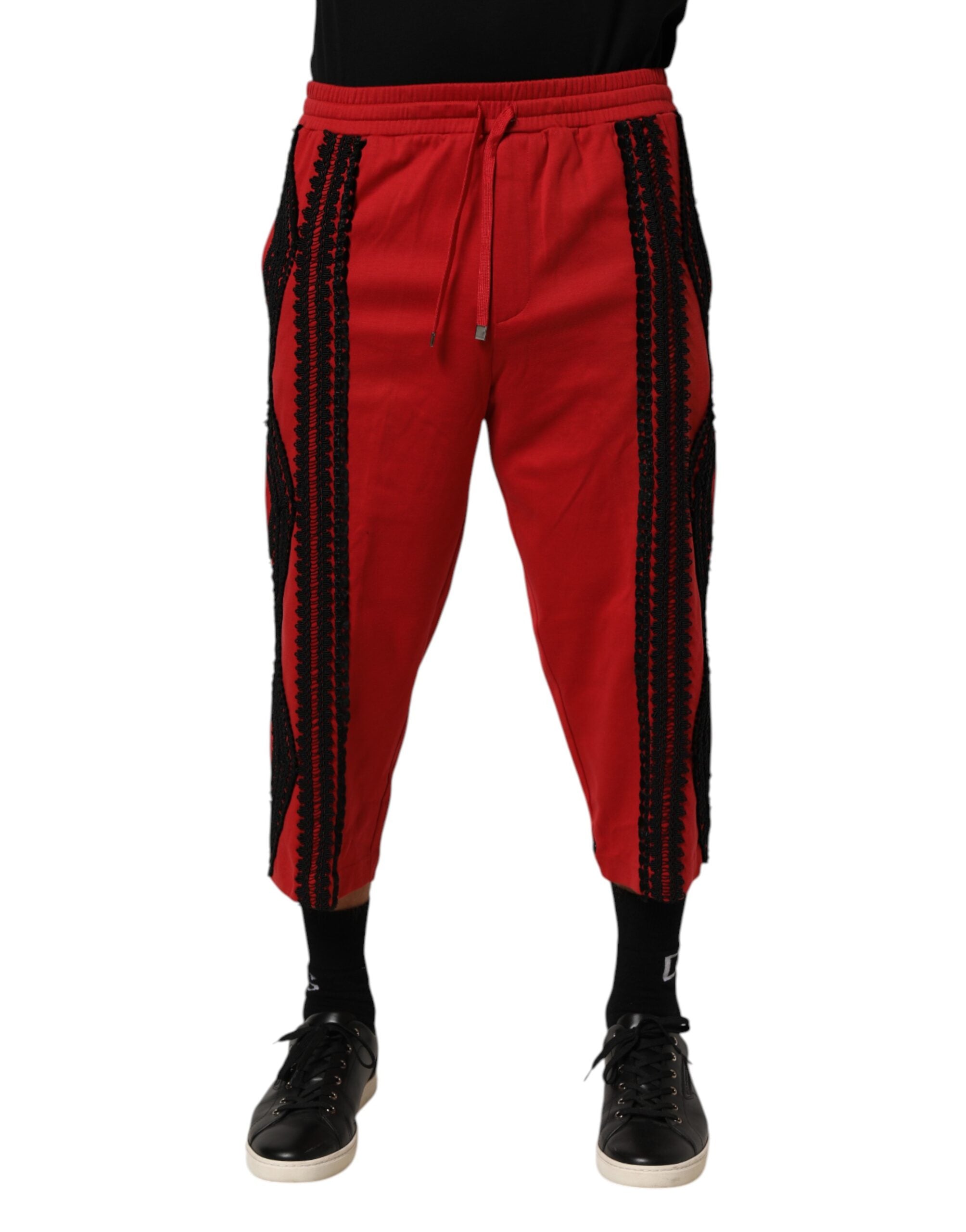 Dolce & Gabbana Red Embroidered Casual Cropped Trouser Men's Pants