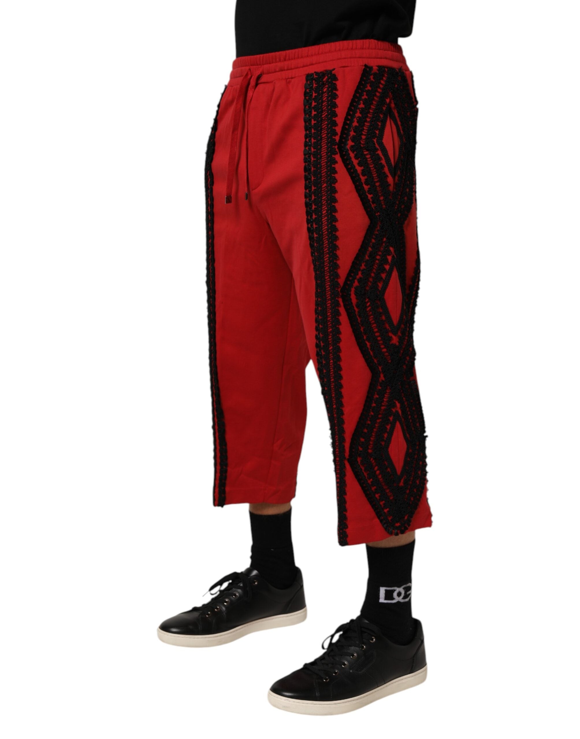 Dolce & Gabbana Red Embroidered Casual Cropped Trouser Men's Pants