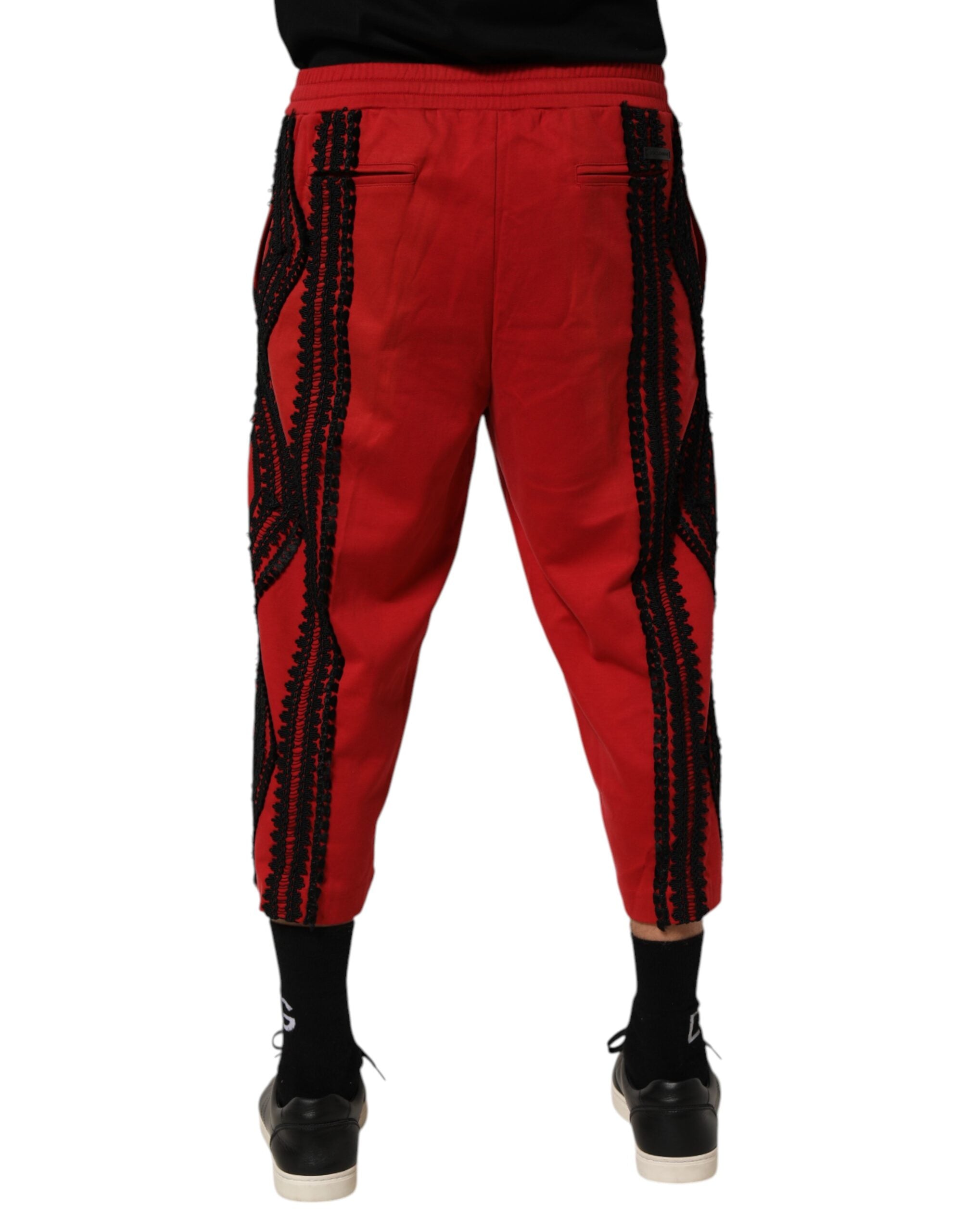 Dolce & Gabbana Red Embroidered Casual Cropped Trouser Men's Pants