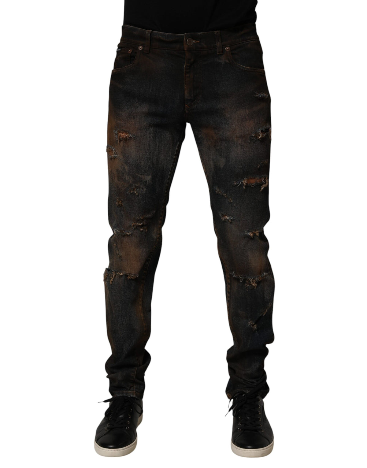 Dolce & Gabbana Black Cotton Skinny Tattered Men Denim Men's Jeans