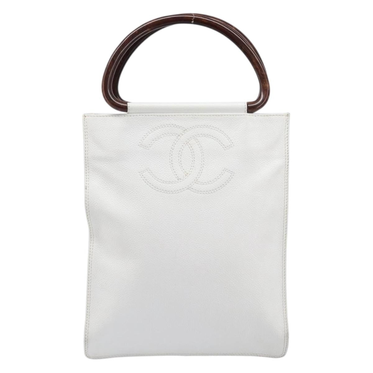Chanel Vintage Wooden Quilted Caviar White Leather Tote Bag Bag (Pre-Owned)