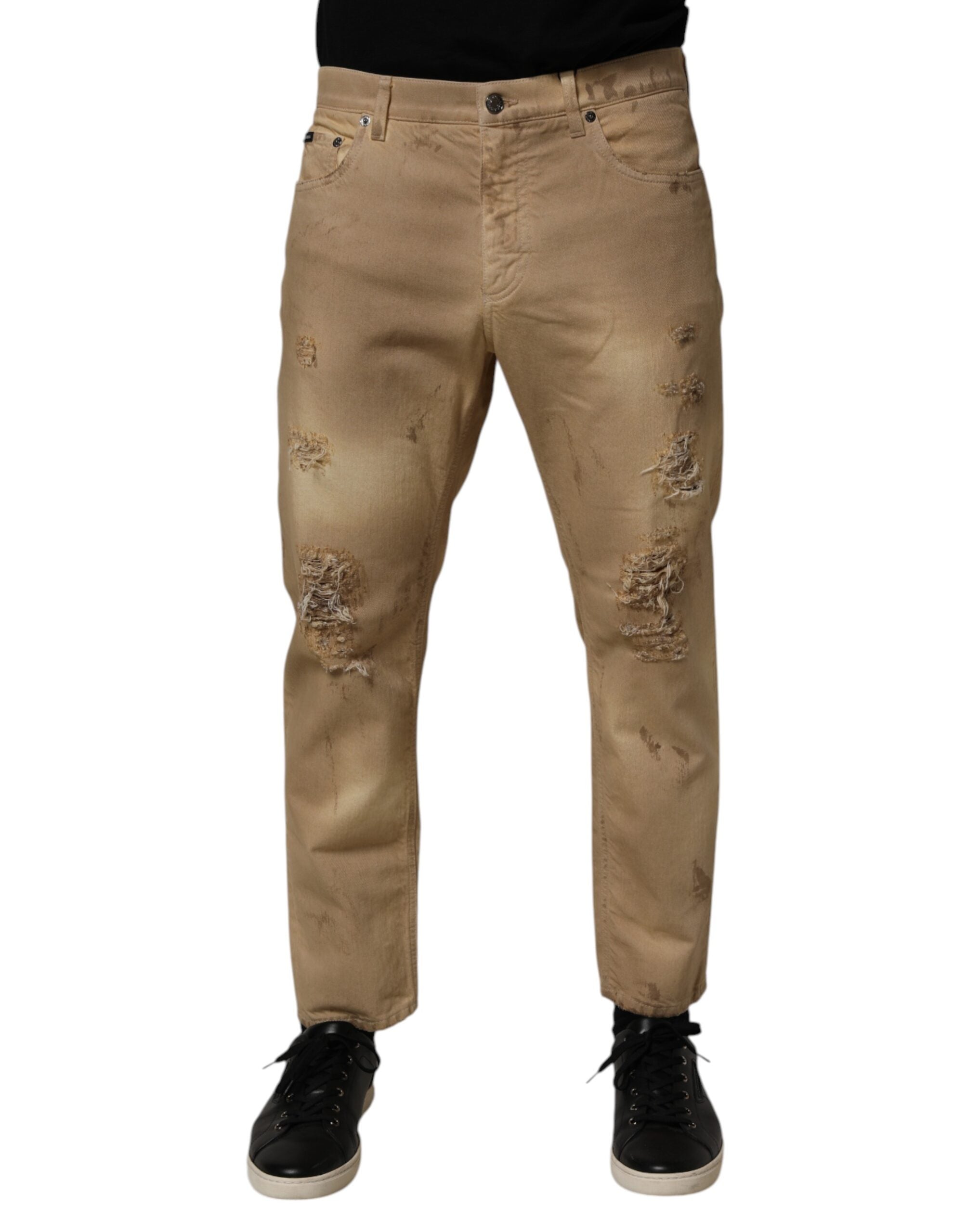 Dolce & Gabbana Beige Cotton Loose Tattered Men Denim Men's Jeans