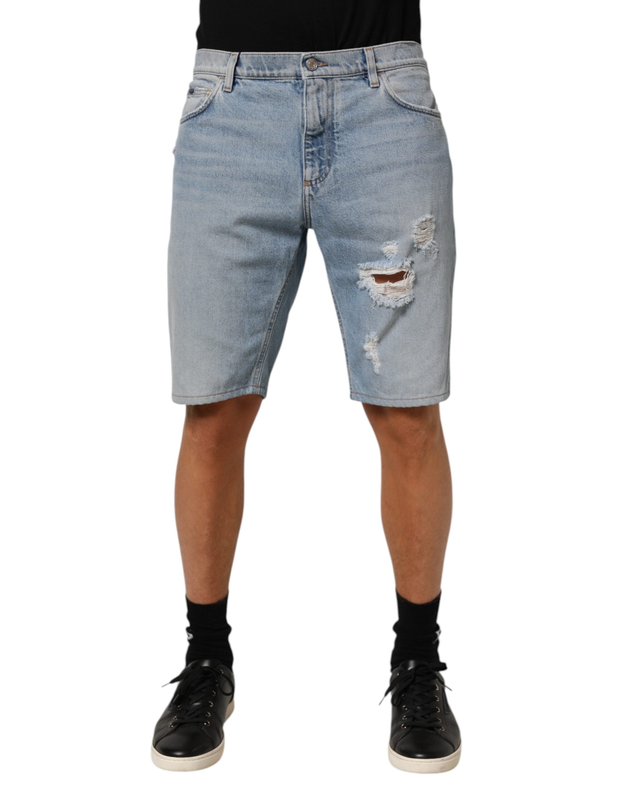 Dolce & Gabbana Blue Cotton Distressed Denim Bermuda Men's Shorts