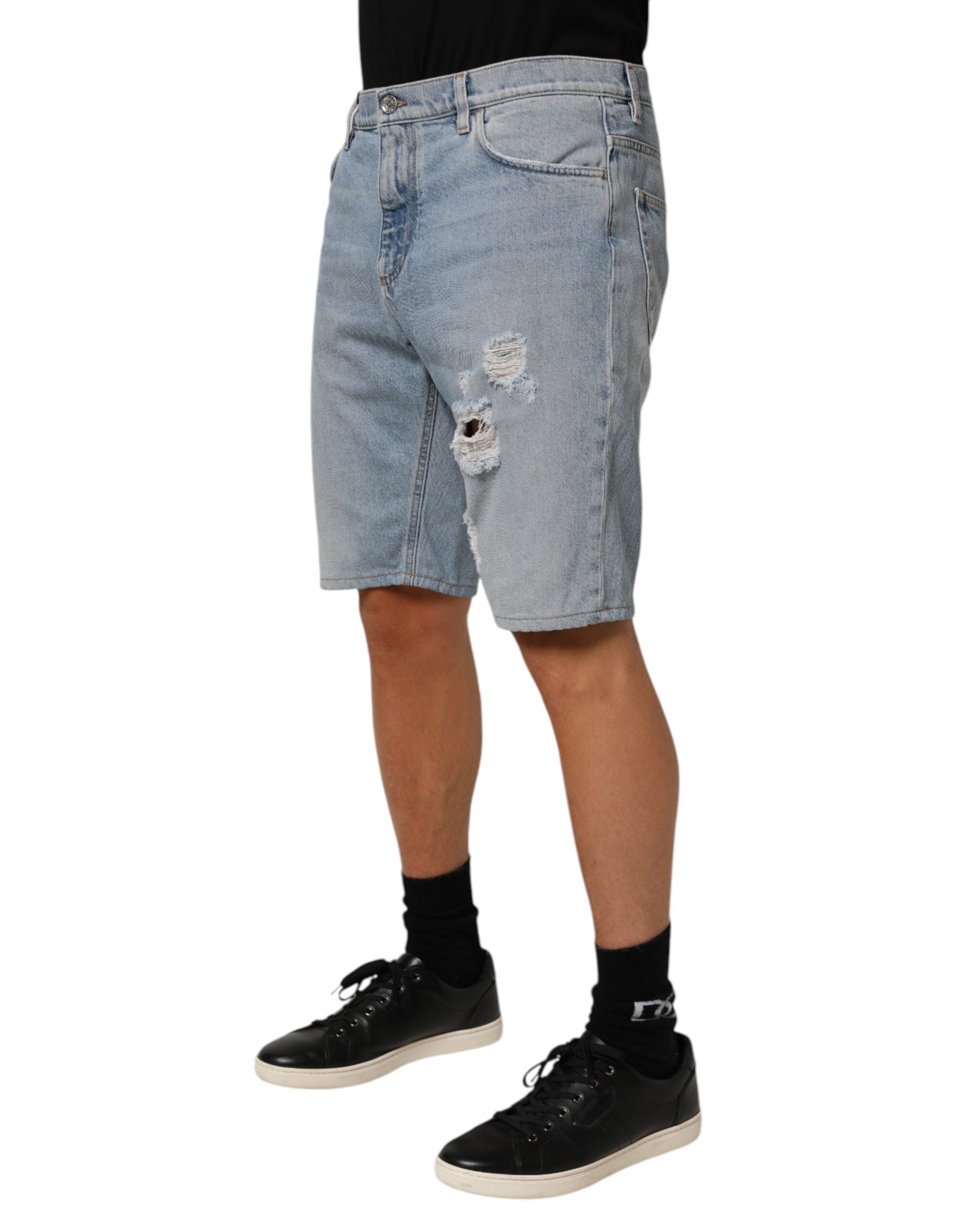 Dolce & Gabbana Blue Cotton Distressed Denim Bermuda Men's Shorts