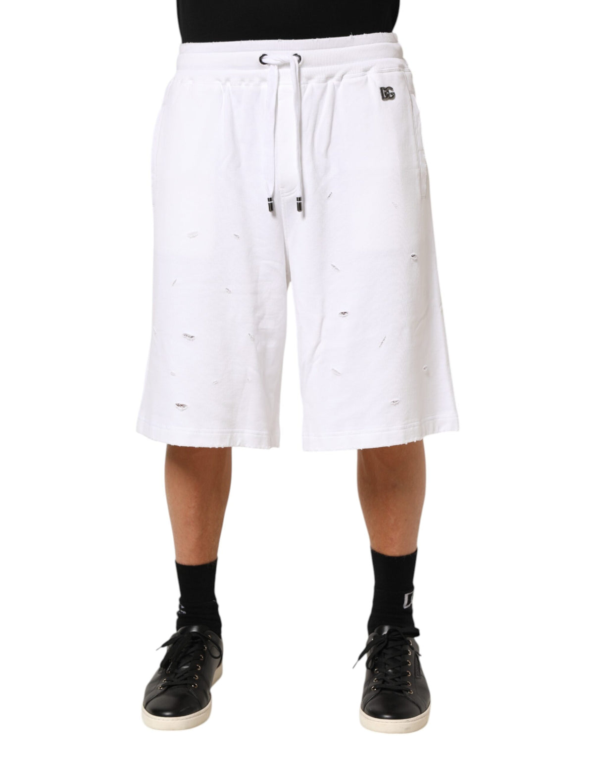 Dolce & Gabbana White Cotton Ripped Bermuda Sweatpants Men's Shorts