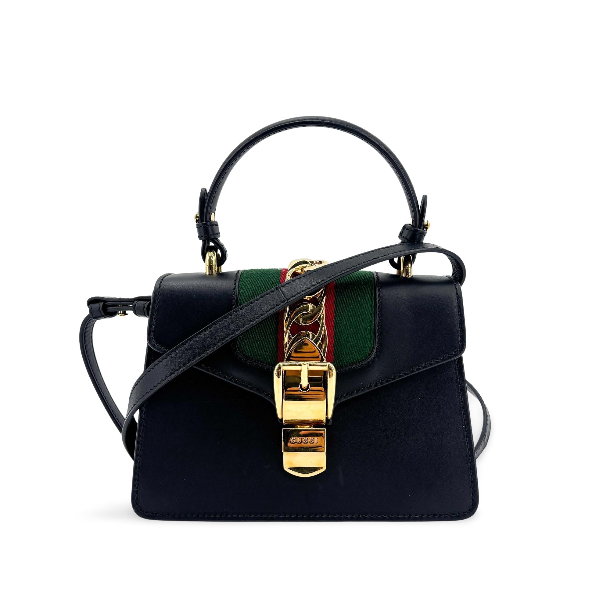 Gucci Sylvie Top Handle Bag Leather Black Leather Handbag (Pre-Owned)