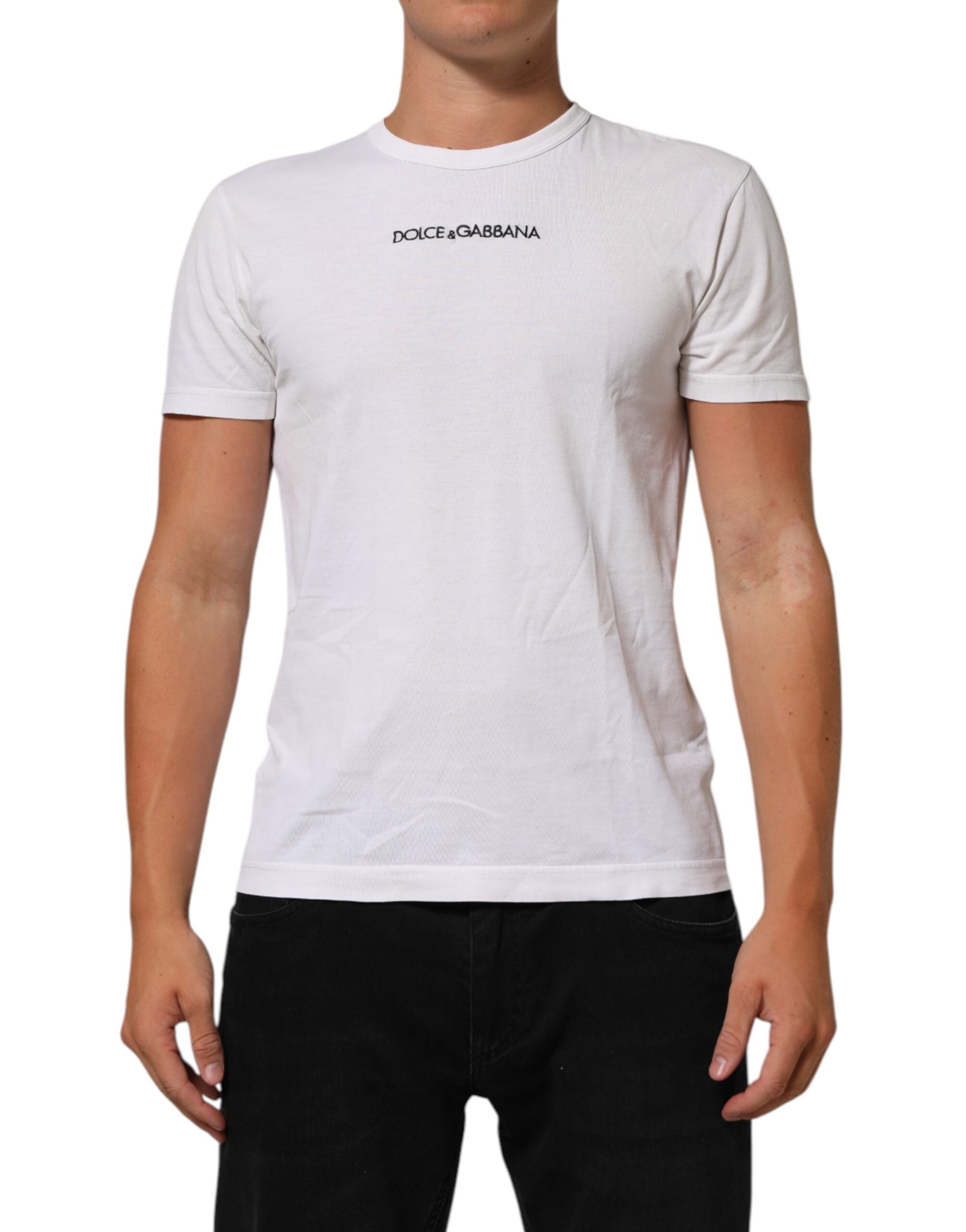 Dolce & Gabbana White Logo Print Cotton Crew Neck Men Men's T-shirt (Pre-Owned)