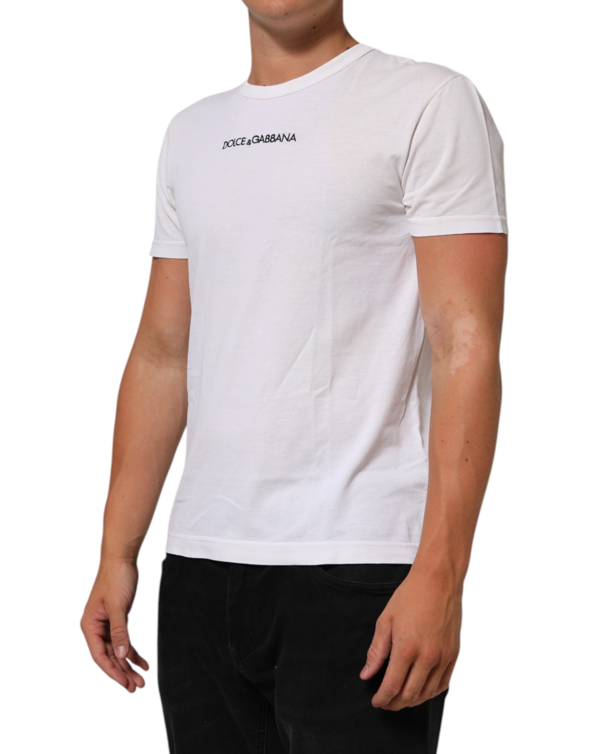 Dolce & Gabbana White Logo Print Cotton Crew Neck Men Men's T-shirt (Pre-Owned)