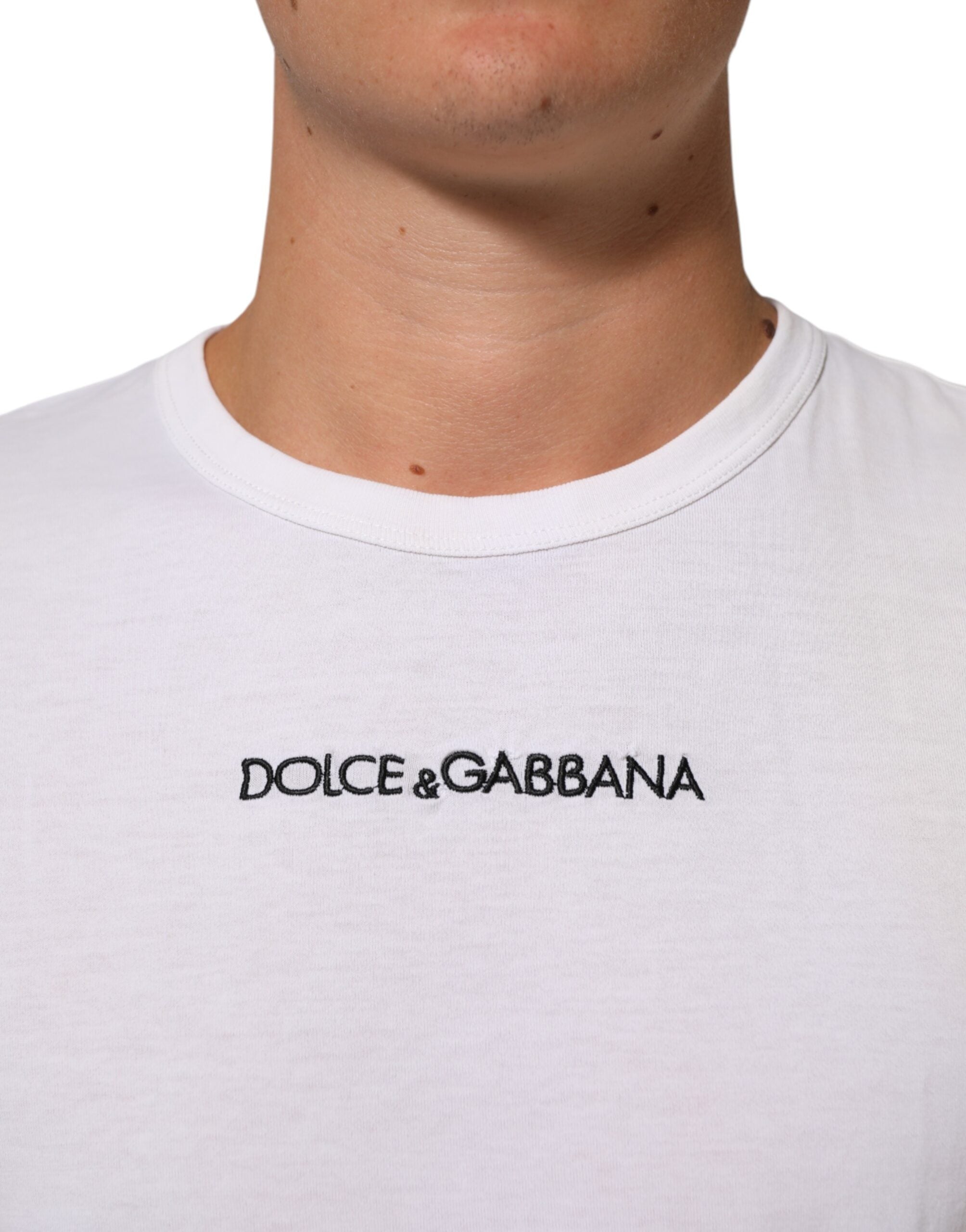 Dolce & Gabbana White Logo Print Cotton Crew Neck Men Men's T-shirt (Pre-Owned)