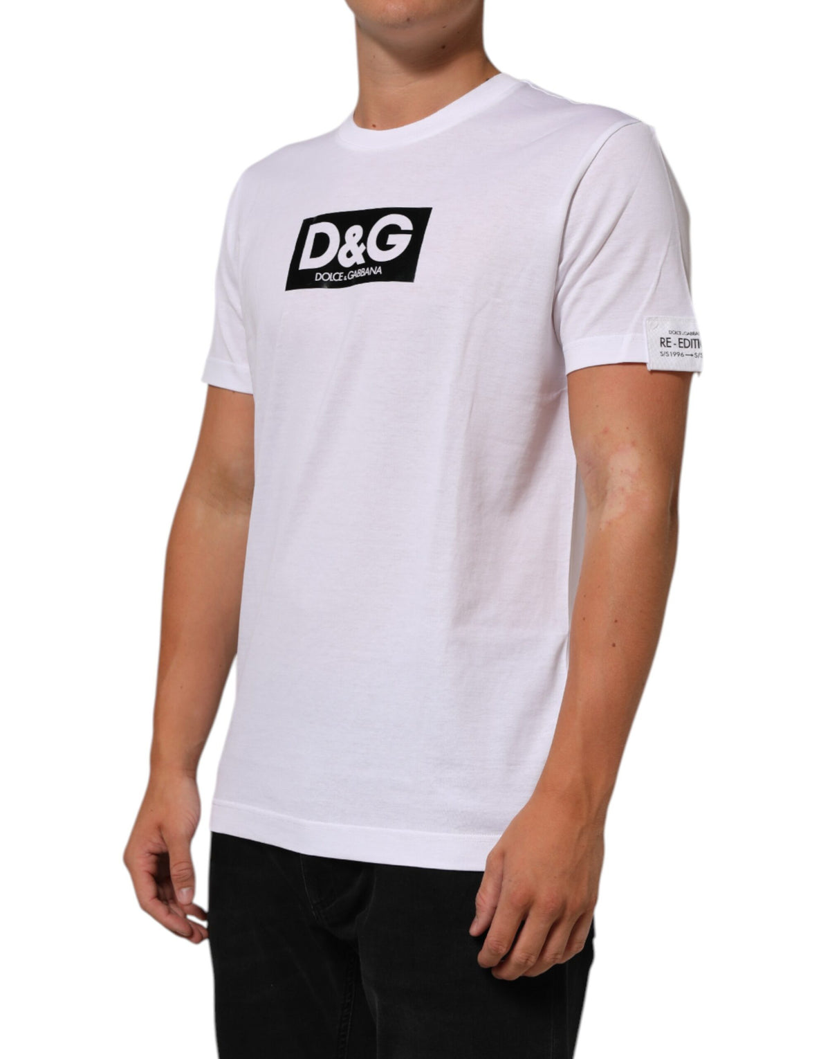 Dolce & Gabbana White Logo Print Cotton Crew Neck Men's T-shirt (Pre-Owned)
