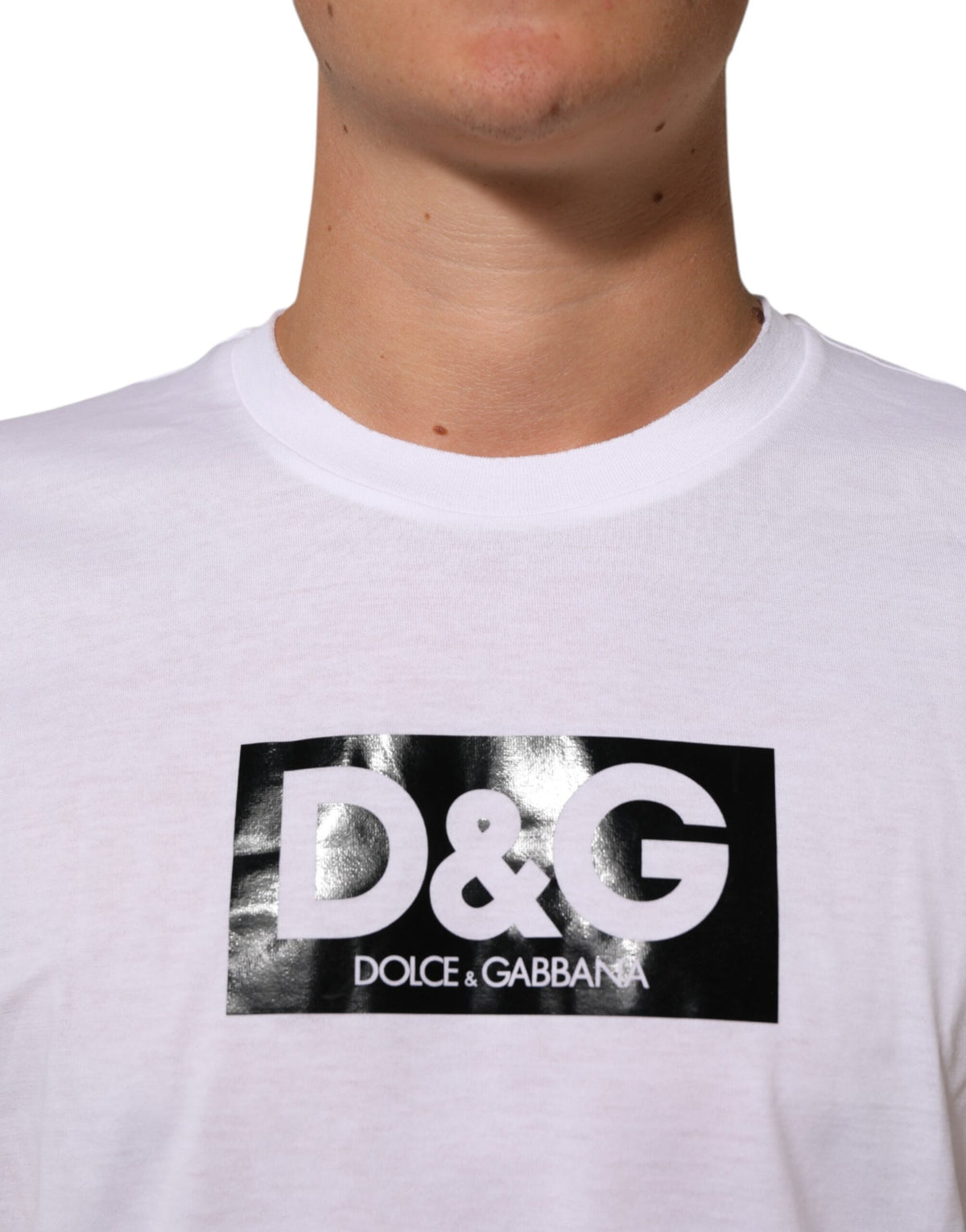Dolce & Gabbana White Logo Print Cotton Crew Neck Men's T-shirt (Pre-Owned)
