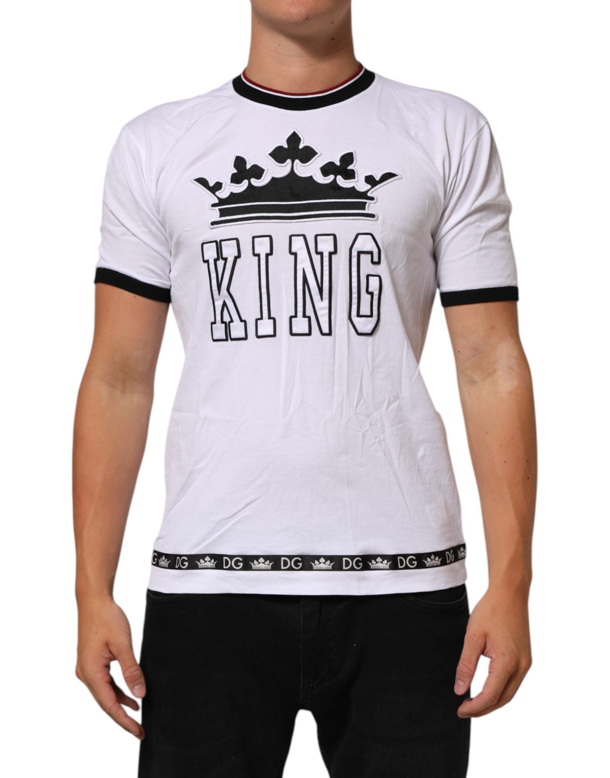 Dolce & Gabbana White Cotton Crown King Embroidery Men's T-shirt (Pre-Owned)