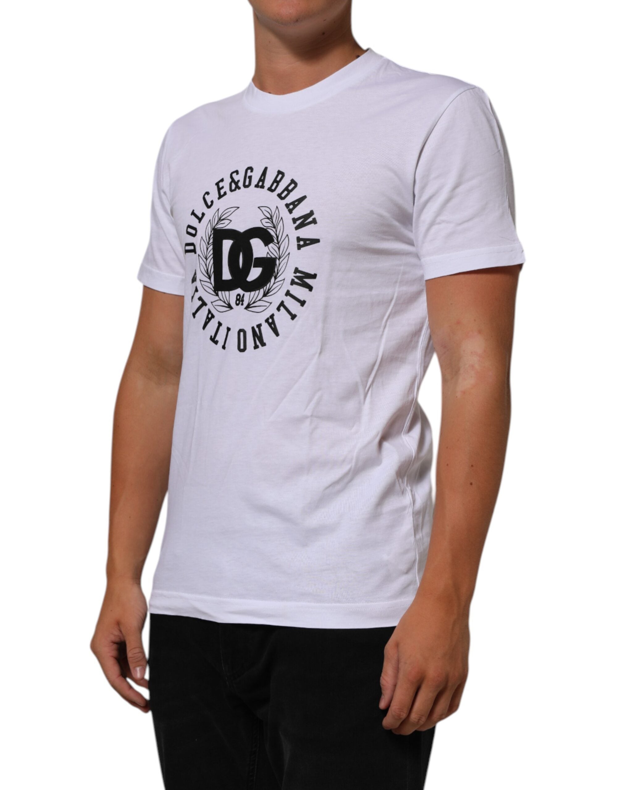 Dolce & Gabbana White Cotton Logo Print Crew Neck Men's T-shirt