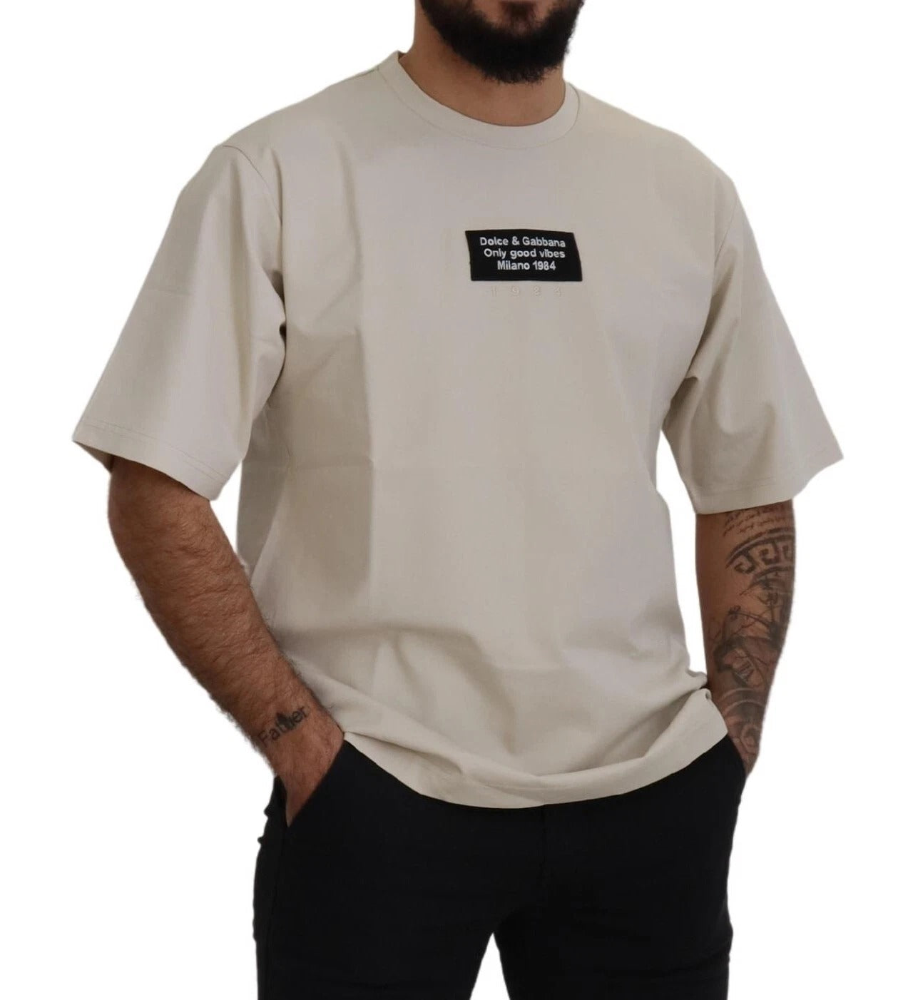 Dolce & Gabbana Ivory Cotton Ivory Printed Men's Crewneck