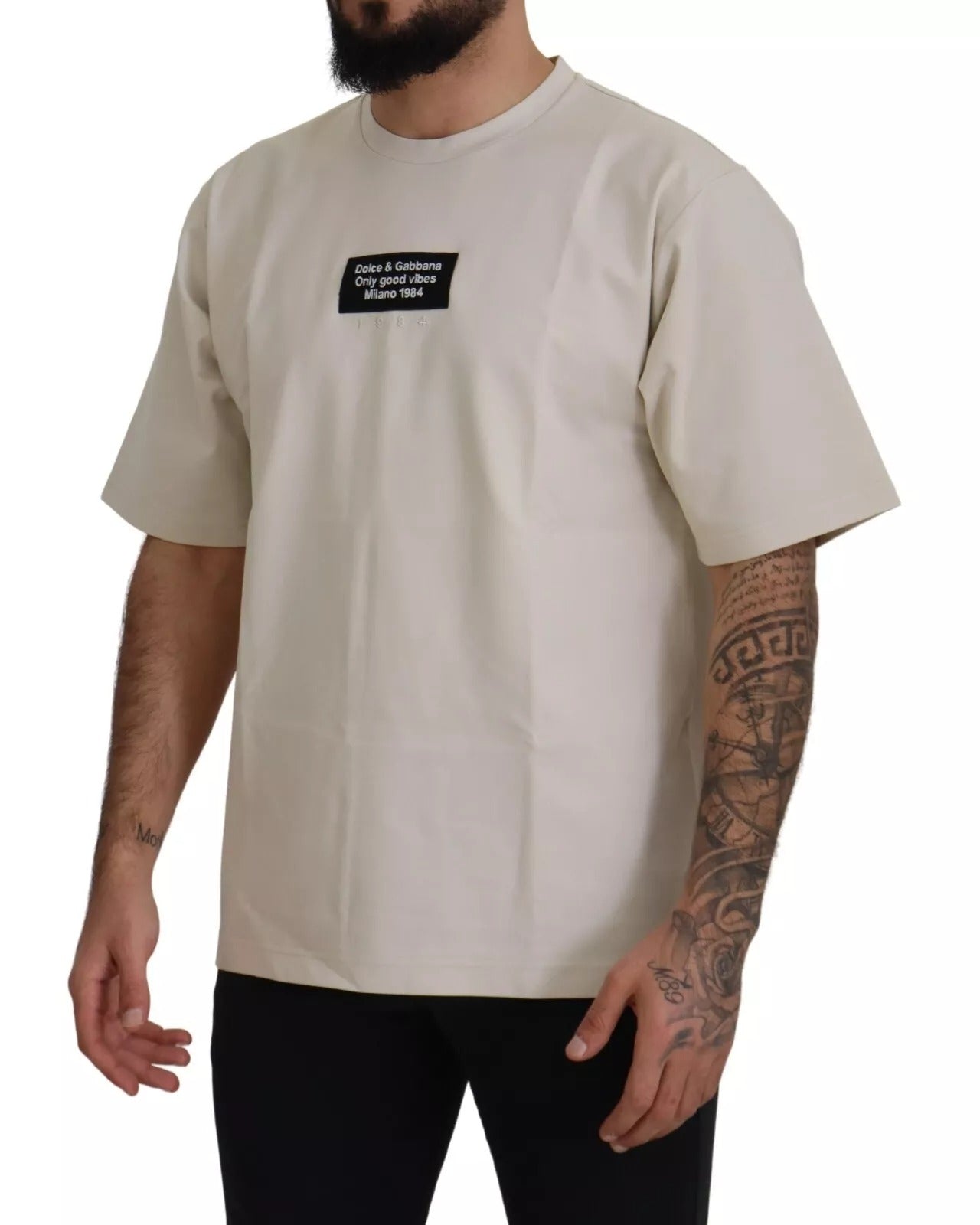 Dolce & Gabbana Ivory Cotton Ivory Printed Men's Crewneck