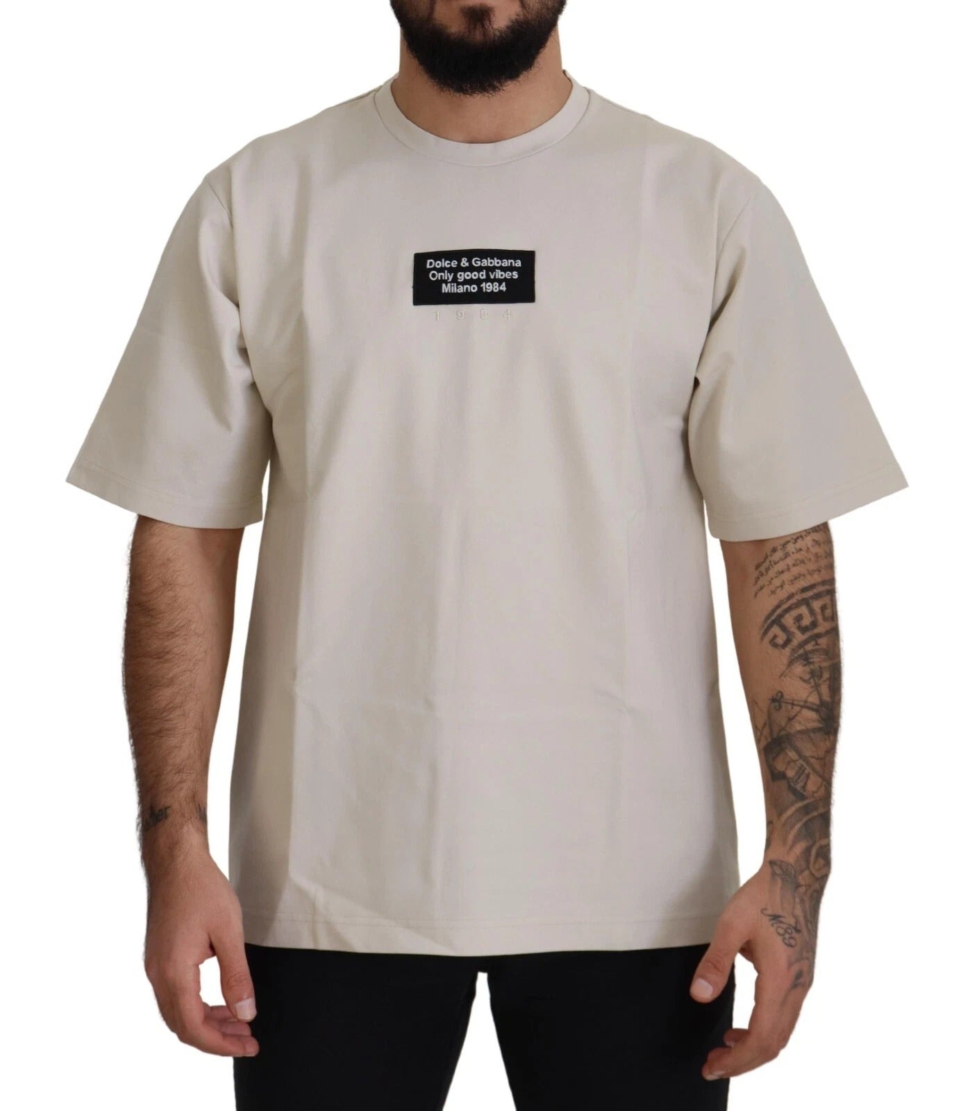 Dolce & Gabbana Ivory Cotton Ivory Printed Men's Crewneck