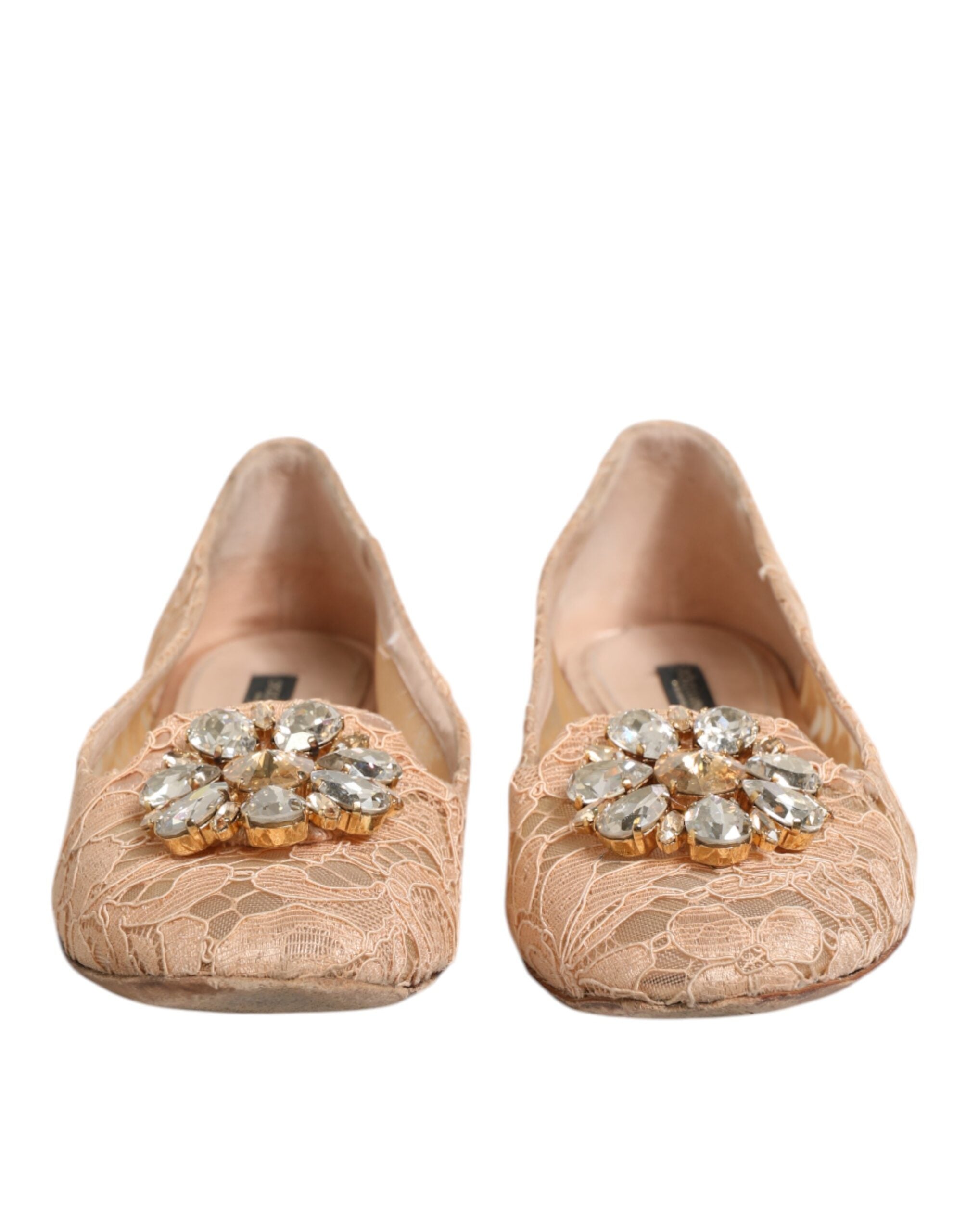 Dolce & Gabbana Beige Taormina Lace Crystals Flats Women's Shoes (Pre-Owned)