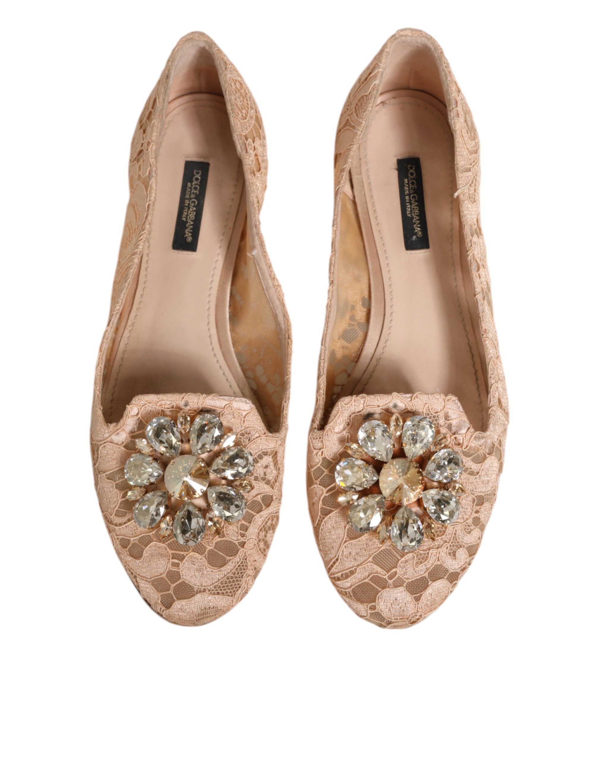 Dolce & Gabbana Beige Taormina Lace Crystals Flats Women's Shoes (Pre-Owned)
