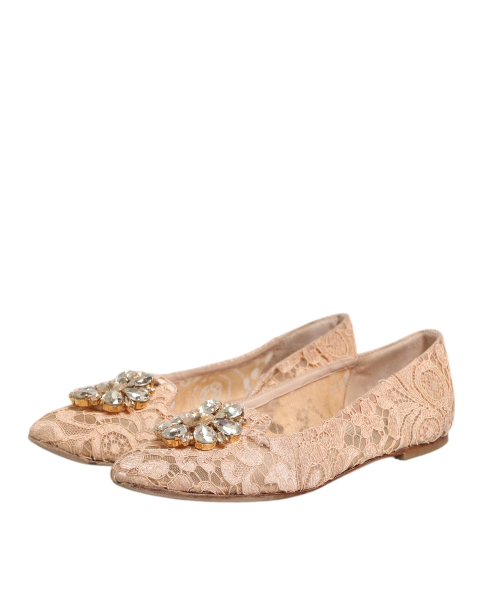 Dolce & Gabbana Beige Taormina Lace Crystals Flats Women's Shoes (Pre-Owned)