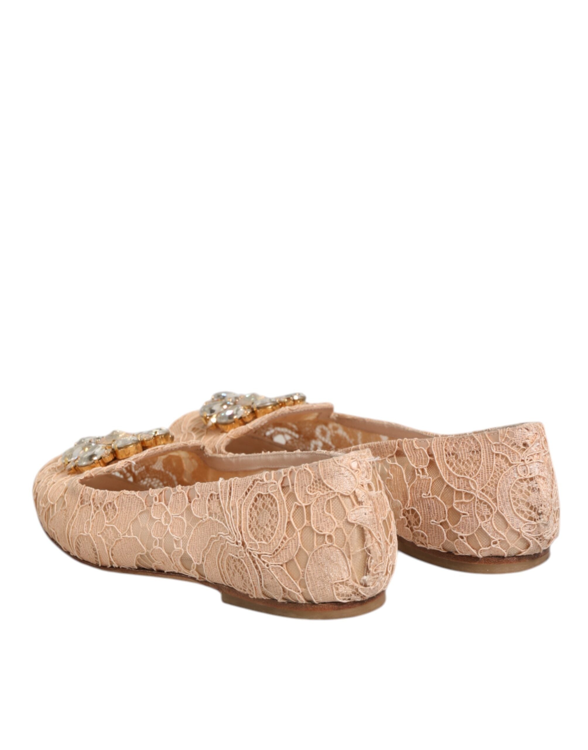 Dolce & Gabbana Beige Taormina Lace Crystals Flats Women's Shoes (Pre-Owned)