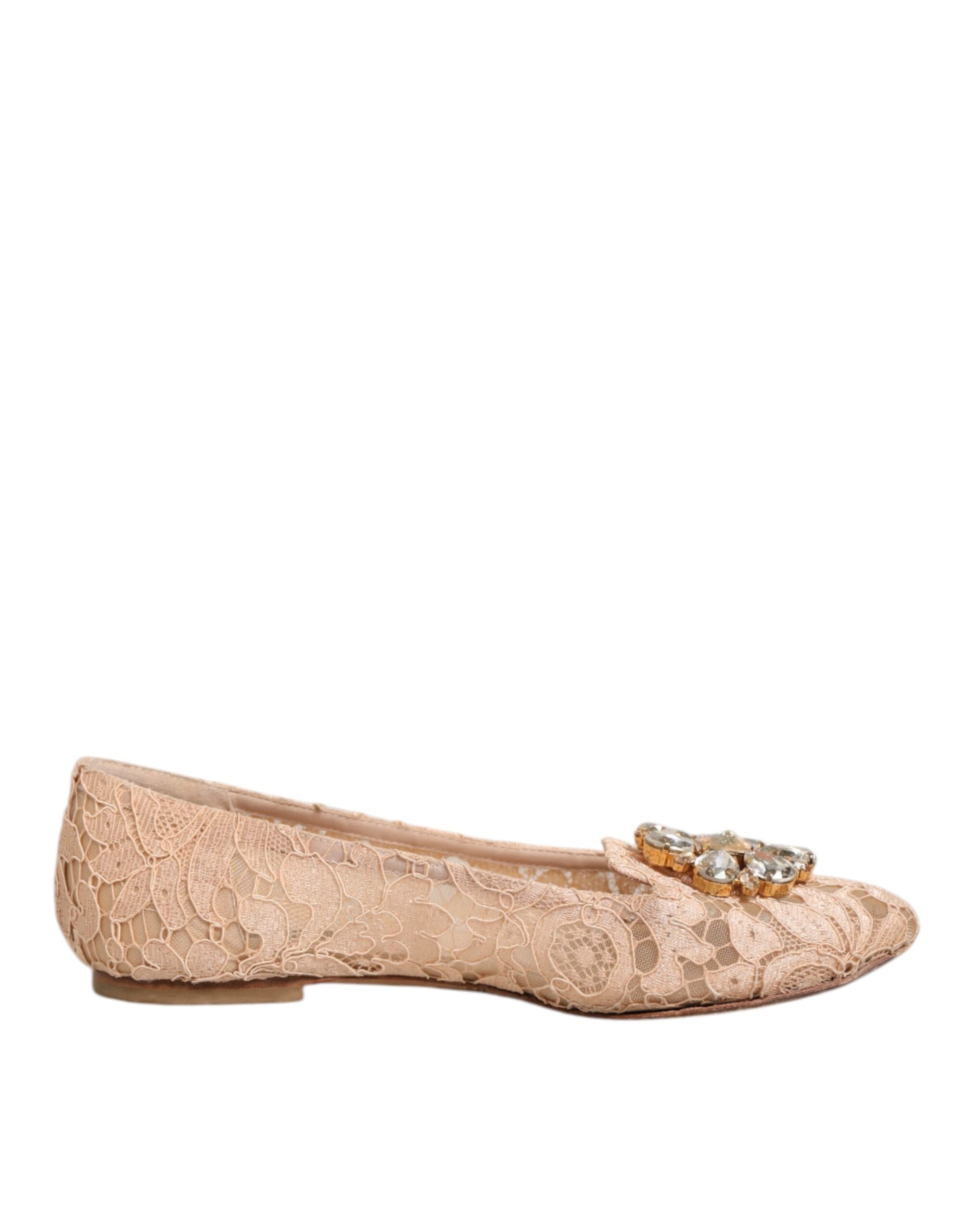 Dolce & Gabbana Beige Taormina Lace Crystals Flats Women's Shoes (Pre-Owned)