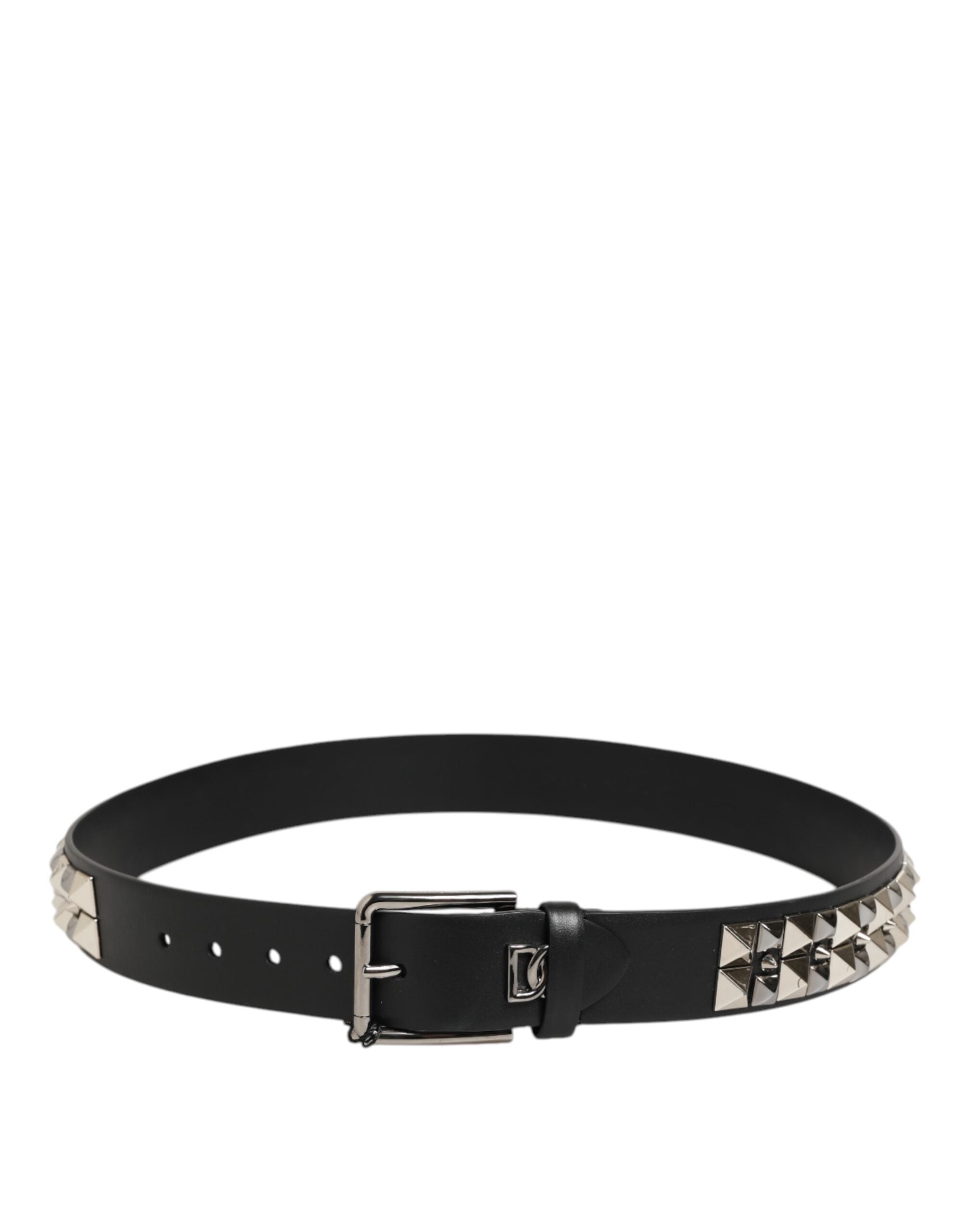 Dolce & Gabbana Black Calf Leather Studded Silver Buckle Men's Belt