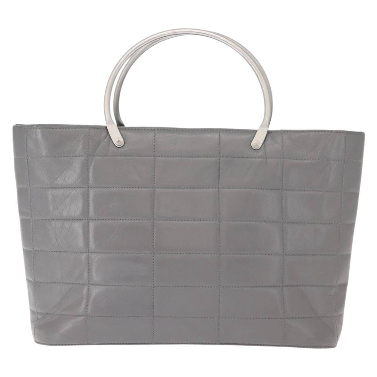 Chanel Vintage Chocolate Bar Metal Ring Tote Quilted Lambskin Gray Leather Tote Bag Bag (Pre-Owned)
