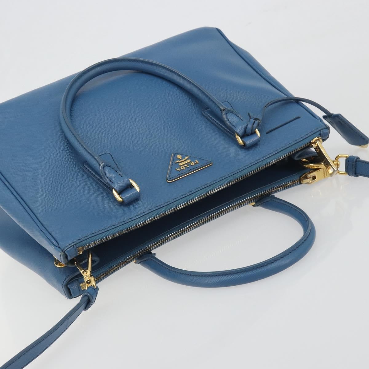 Prada Double Zip Lux Tote Saffiano Leather Blue Leather Handbag (Pre-Owned)