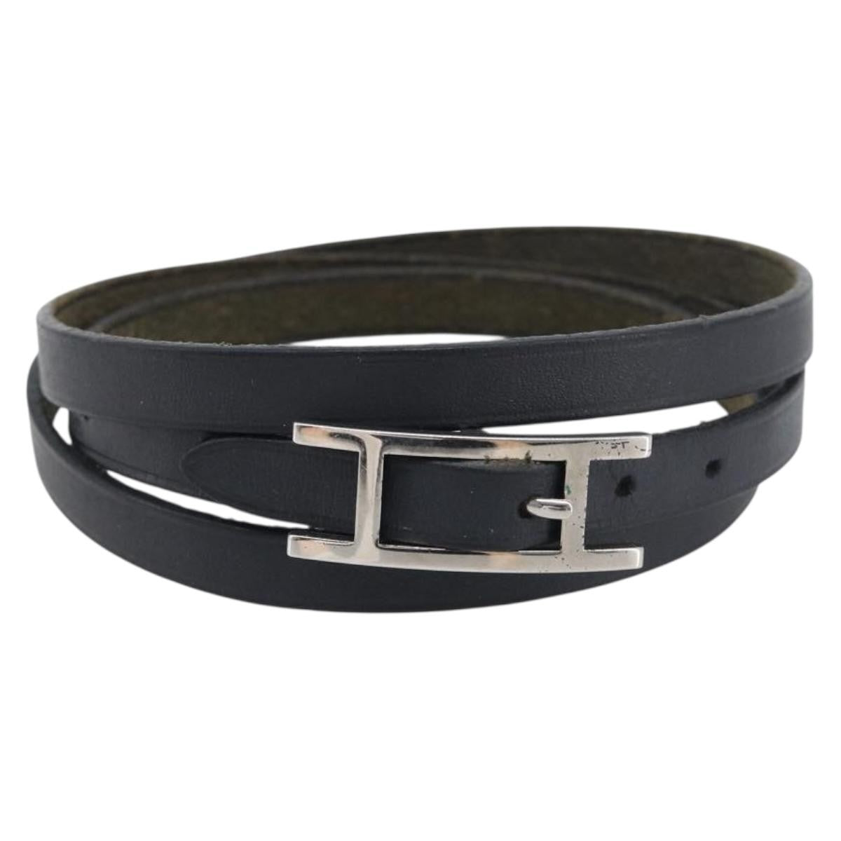 Hermes Hapi 3 Leather With Metal Black Leather Bracelet Jewelry (Pre-Owned)