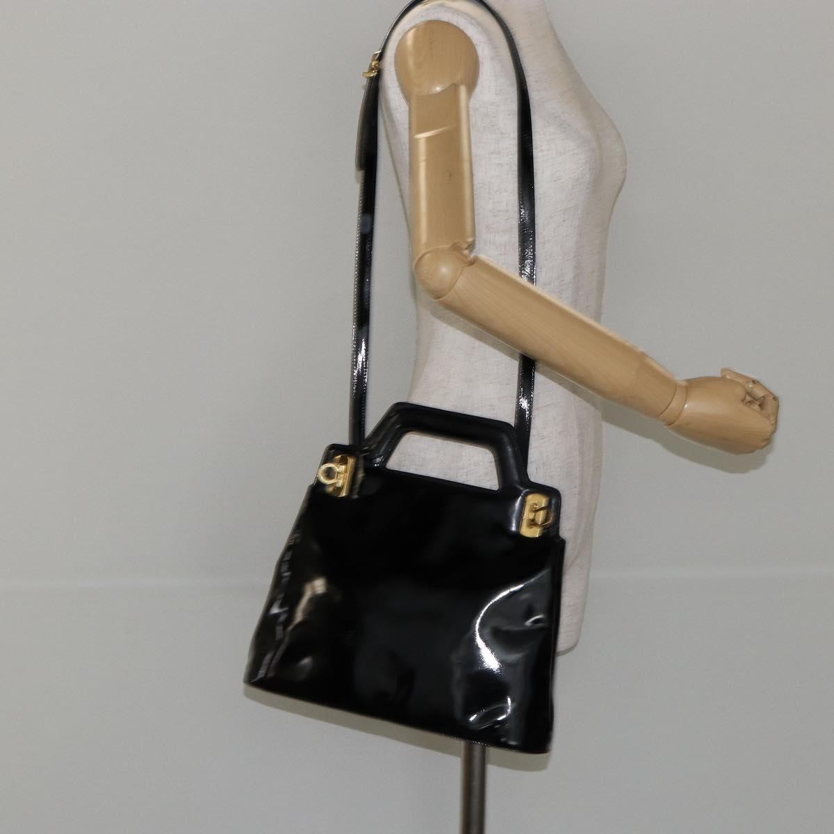 Salvatore Ferragamo Wanda Patent Leather Black Patent_Leather Handbag (Pre-Owned)