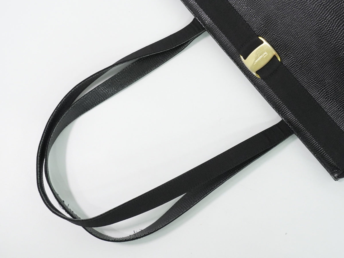 Salvatore Ferragamo Vintage Vara Bow Lizard Embossed Leather Black Leather Tote Bag Bag (Pre-Owned)