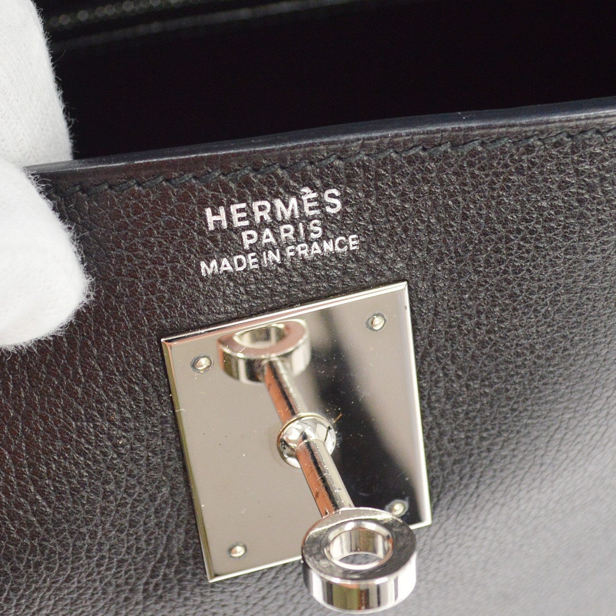 Hermes Kelly Black Evercalf With Palladium Hardware Black Leather Handbag (Pre-Owned)