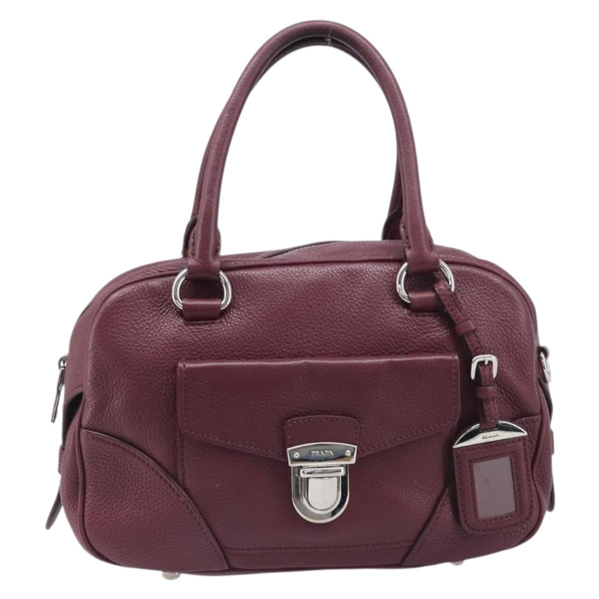 Prada Front Pocket Pushlock Convertible Boston Vitello Daino Burgundy Leather Handbag (Pre-Owned)