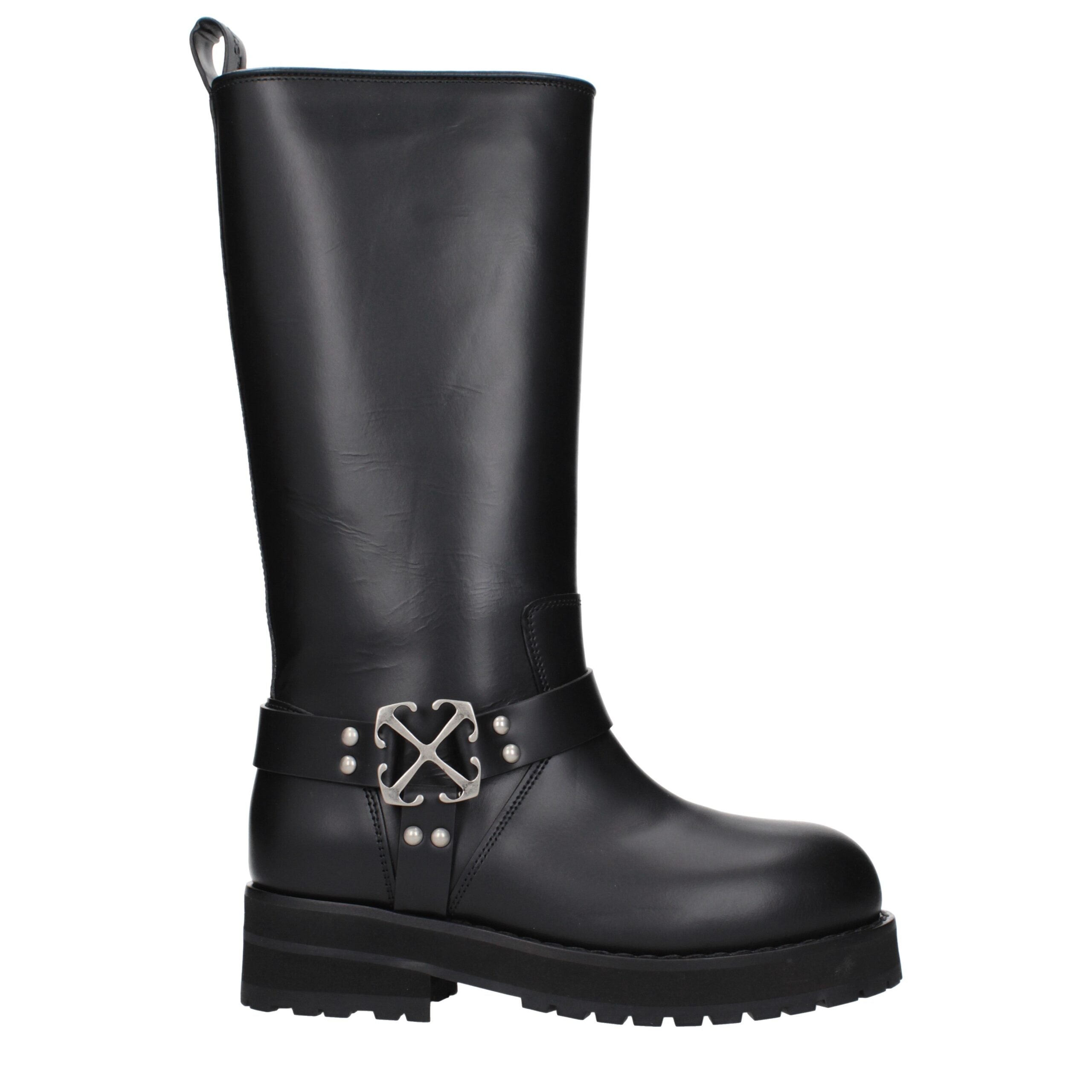Off-White Black Leather Flat Women's Boots