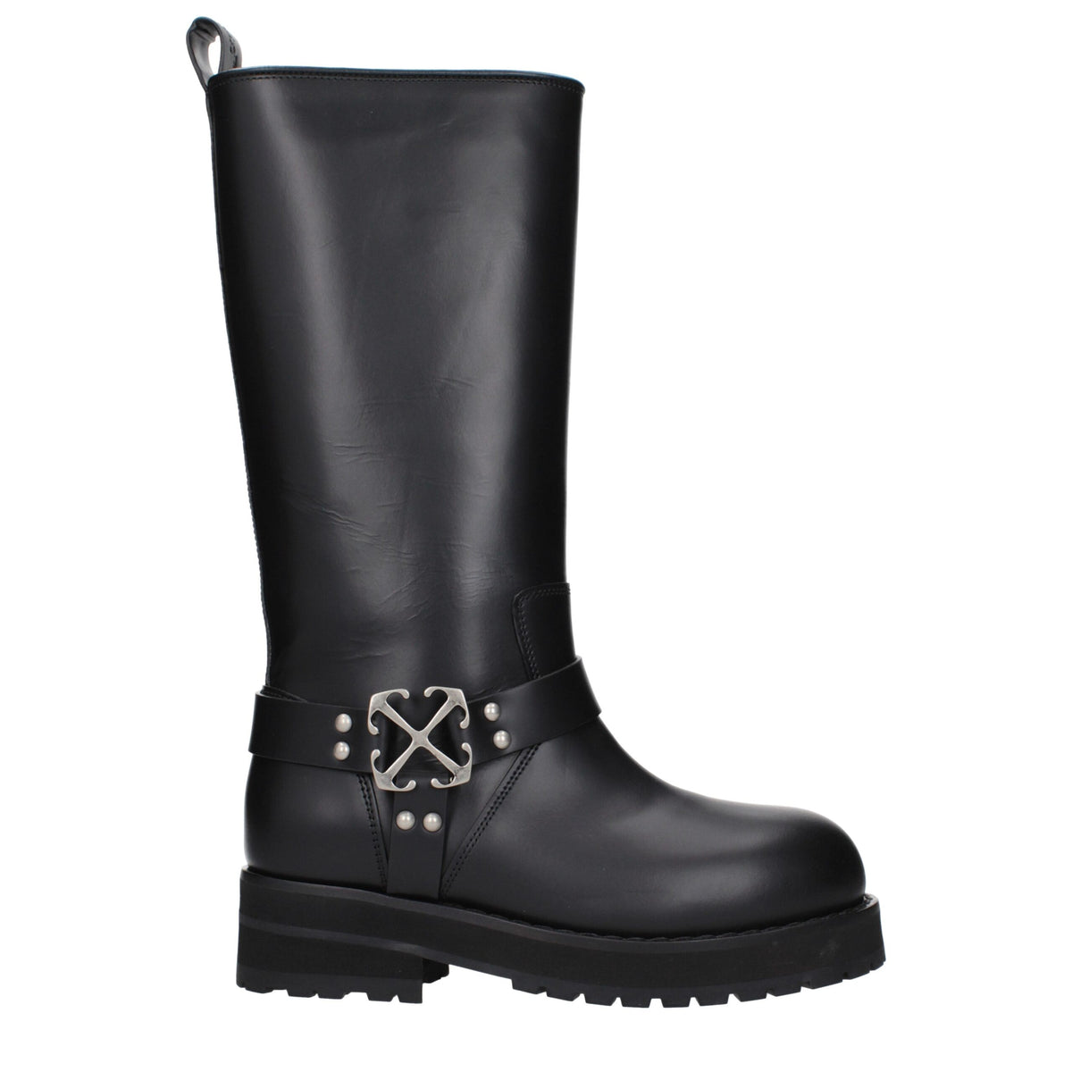 Off-White Black Leather Flat Women's Boots