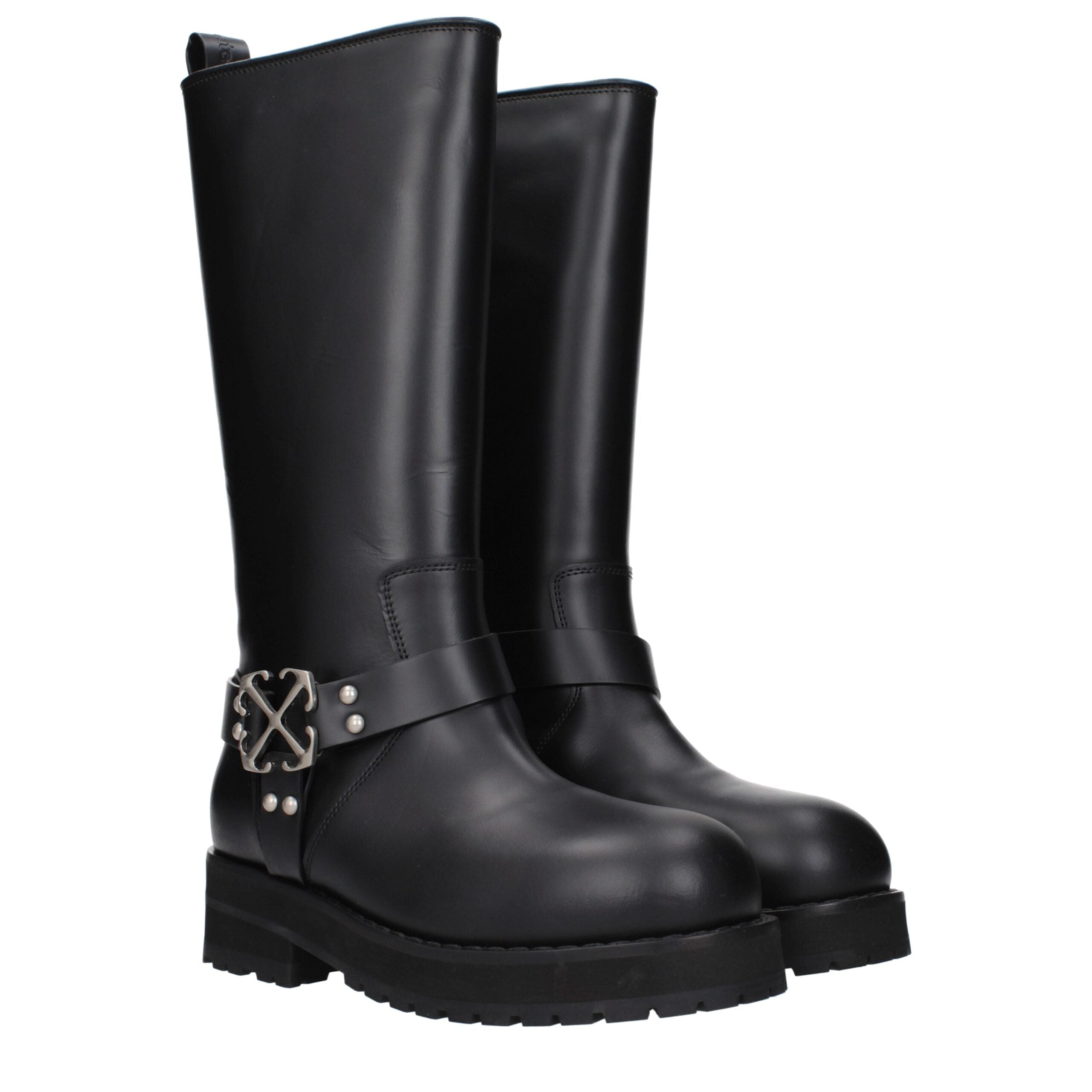 Off-White Black Leather Flat Women's Boots