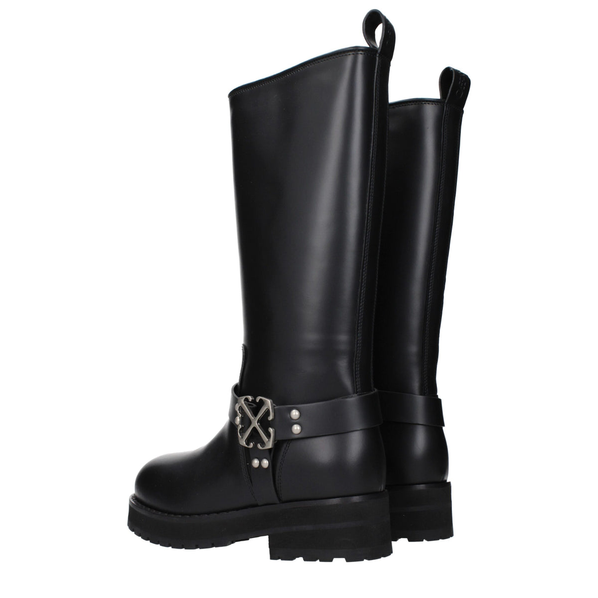 Off-White Black Leather Flat Women's Boots