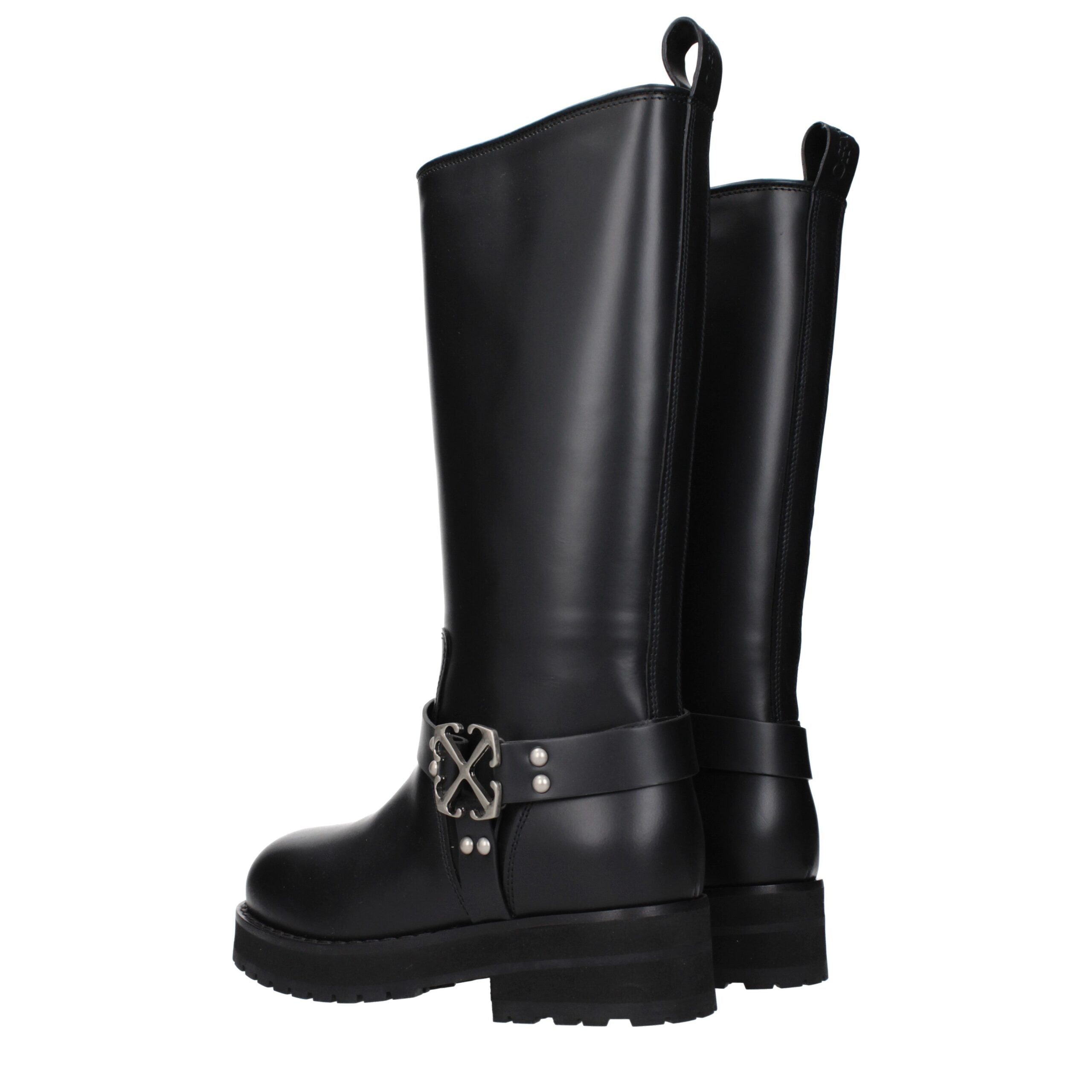 Off-White Black Leather Flat Women's Boots