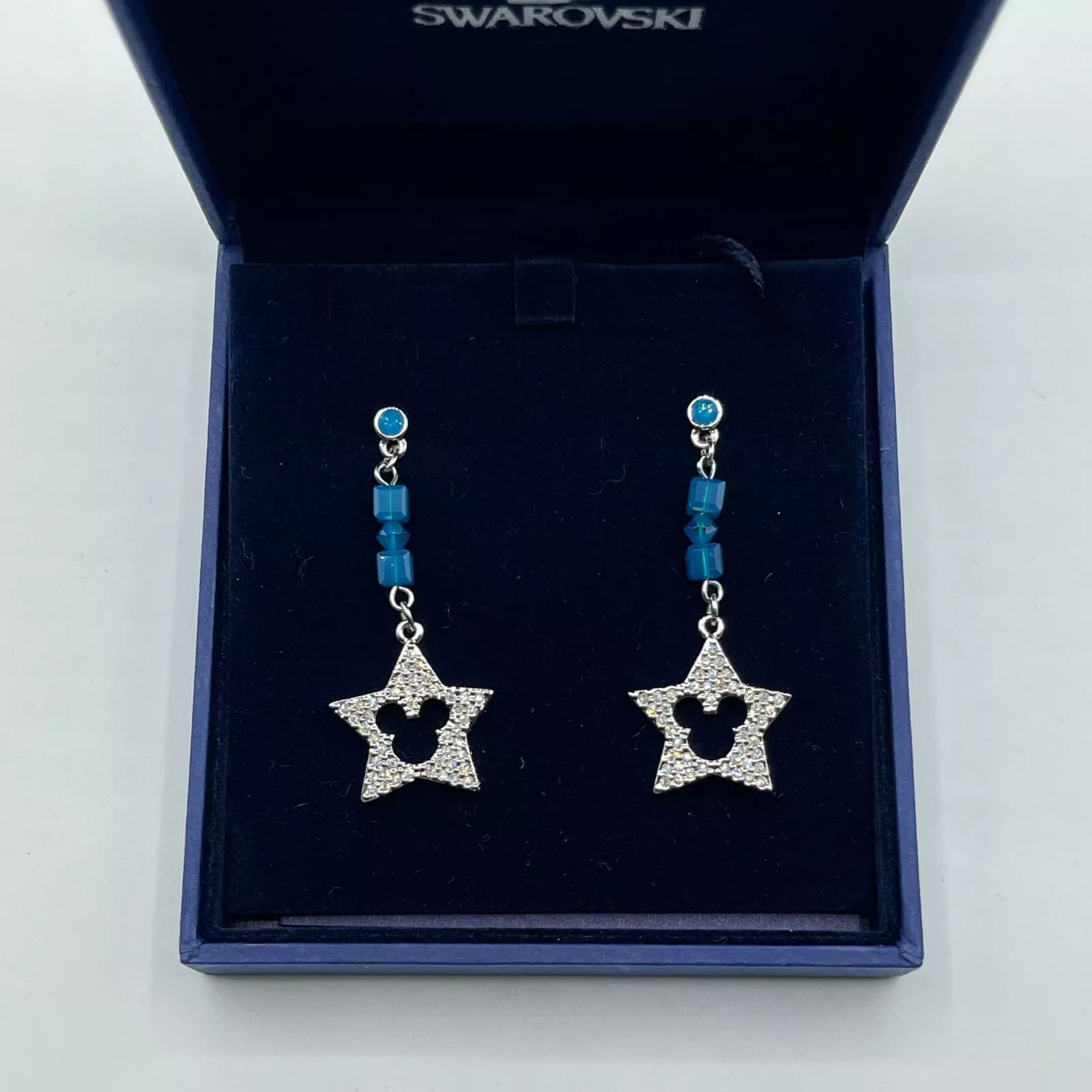 Swarovski Silver Drop Down Star Earrings with Mickey Mouse Cutout