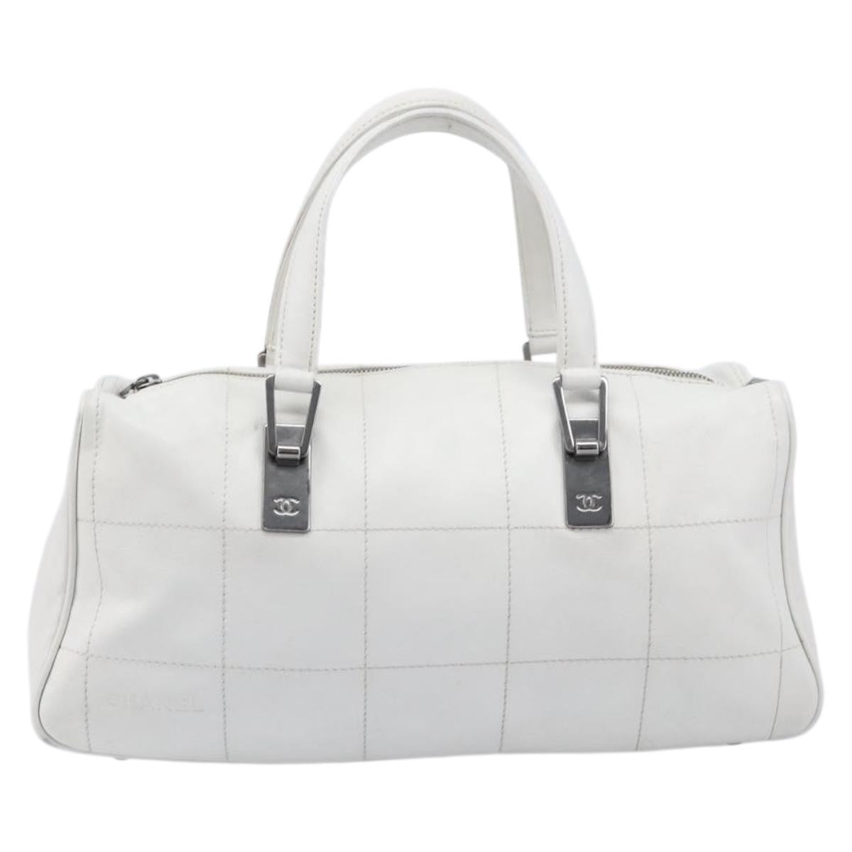 Chanel Square Stitch Cc Boston Quilted Leather White Leather Handbag (Pre-Owned)