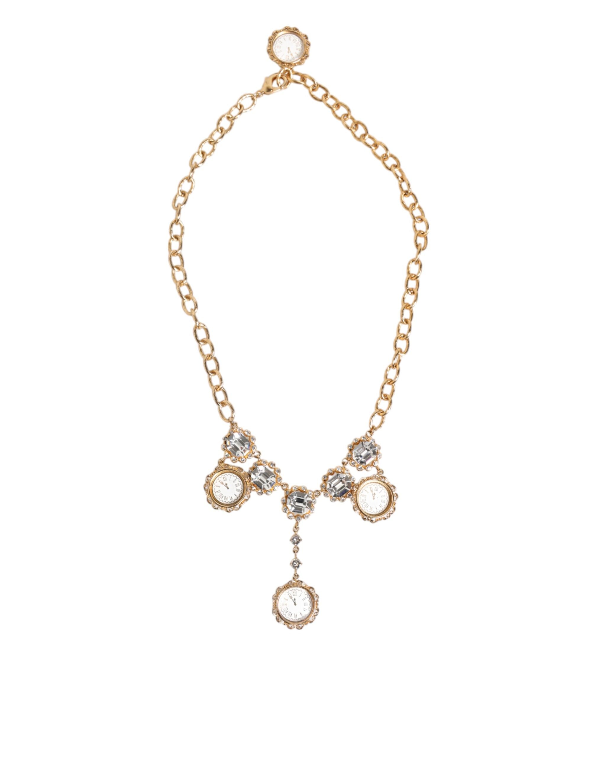 Dolce & Gabbana Gold Crystal Clock Pendant Statement Jewelry Women's Necklace