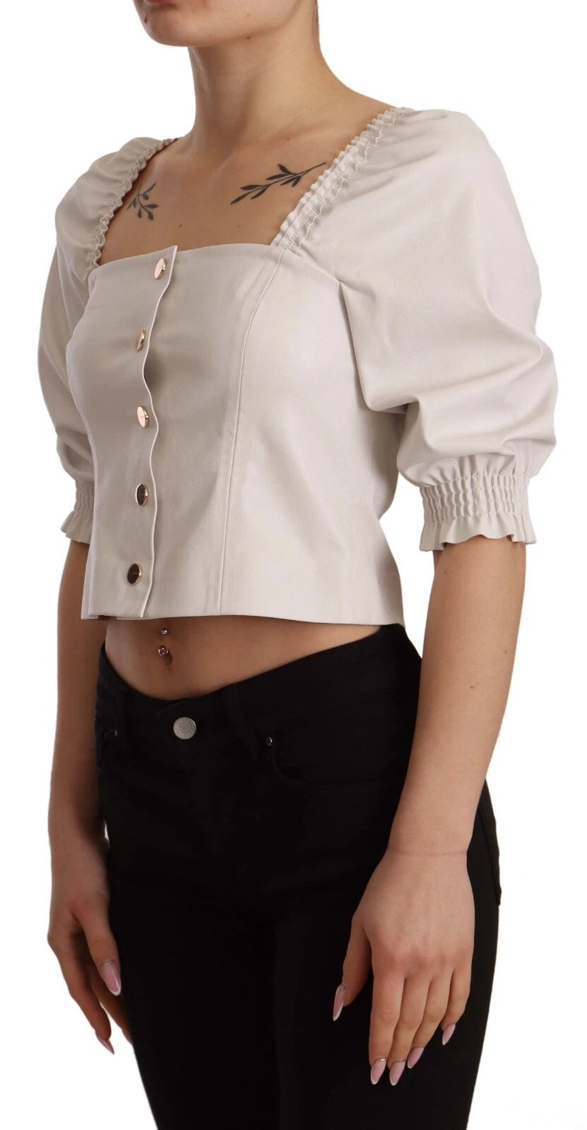 PINKO White Square Neck Button Down Crop Women's Blouse (Pre-Owned)