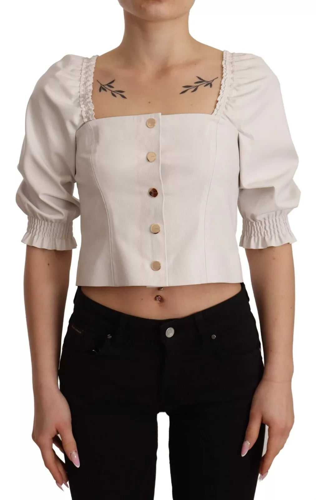 PINKO White Square Neck Button Down Crop Women's Blouse (Pre-Owned)
