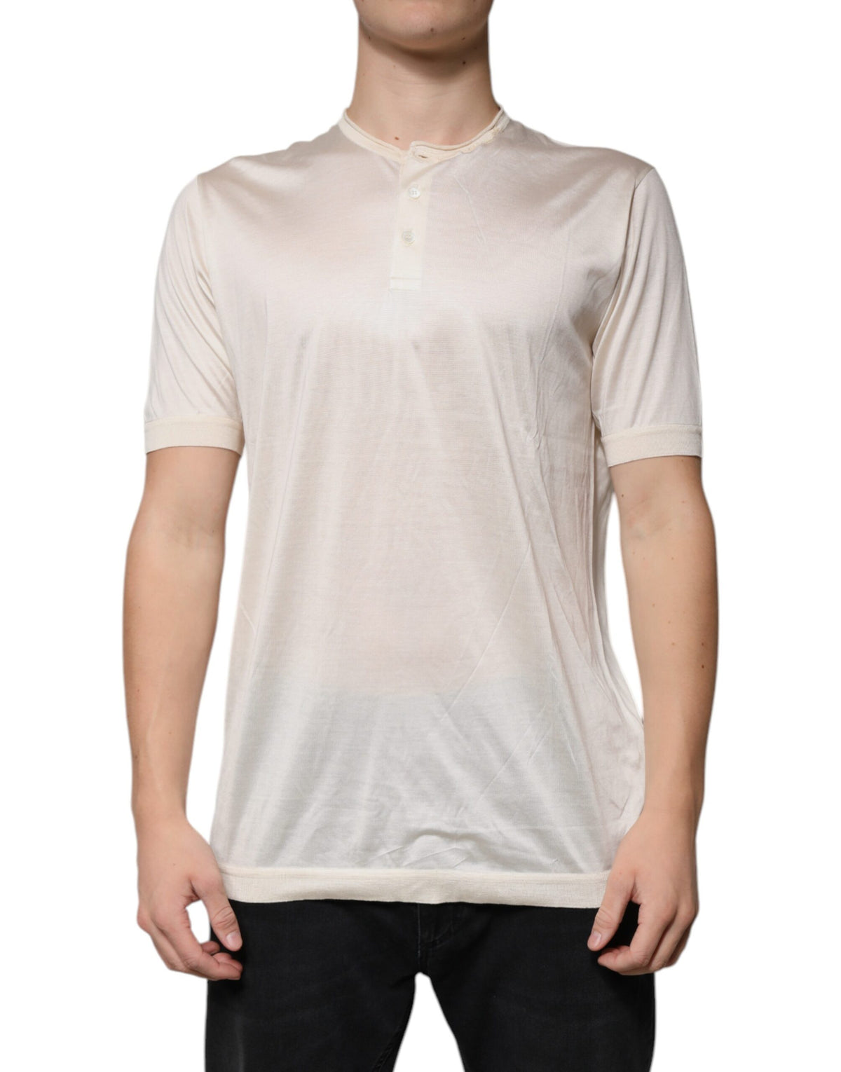 Dolce & Gabbana Off White Silk Henley Short Sleeves Men's T-Shirt